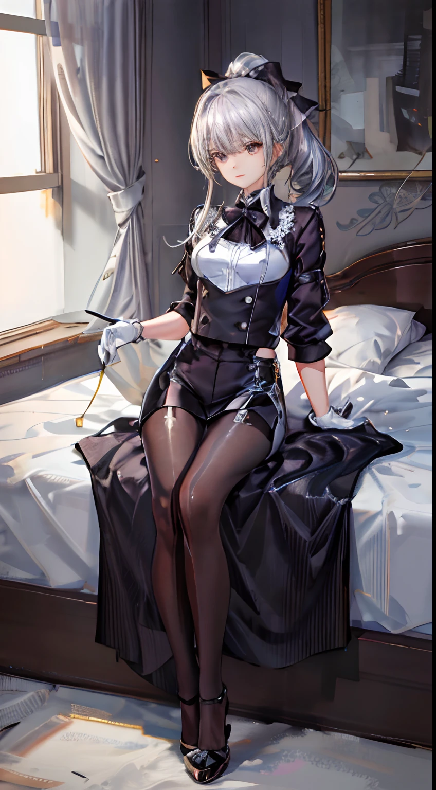 1 girl)), ray tracing, (dim lighting), [detailed background (bedroom)), ((silver hair)), ((silver hair)), (fluffy silver hair, plump and slim girl)) with high ponytail))) Avoid blonde eyes in the ominous bedroom (((girl wears intricately embroidered black high-waisted pants with pantyhose) and white ruffled bow gloves), showing a delicate slim figure and graceful curves, correct limbs, sitting on the bed