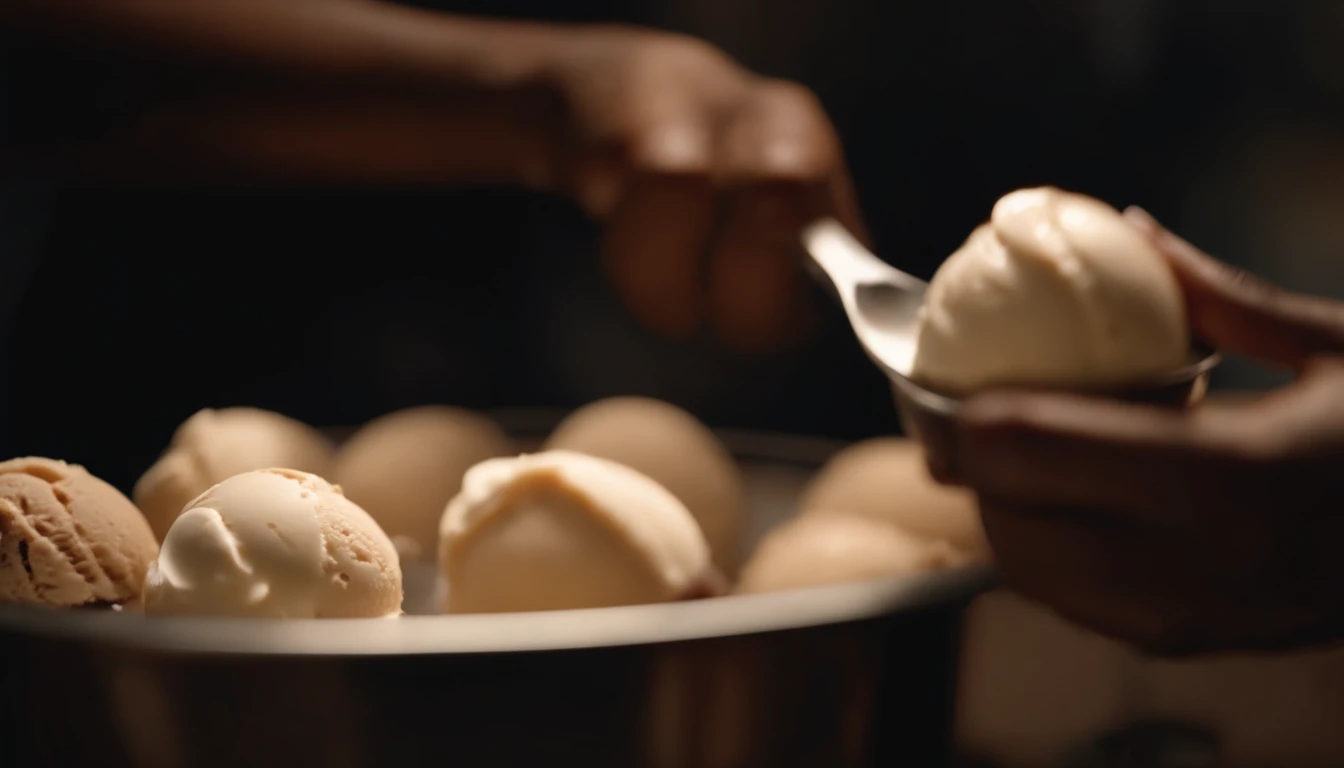 black female in the kitchen scooping ice cream from a container, with an extreme close-up of the ice cream spoon and soft warm light