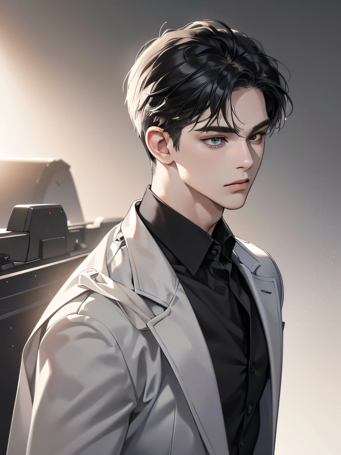 (best quality digital art digital illustration 4k high resolution beautiful image hyper-detailed image perfect lines soft lighting night environment focus face soft zoom) (1:1 photorealistic) (neutral colors hdr 1.4) a young adult man (thoughtful expression) black and white modern clothes black eyes medium black hair