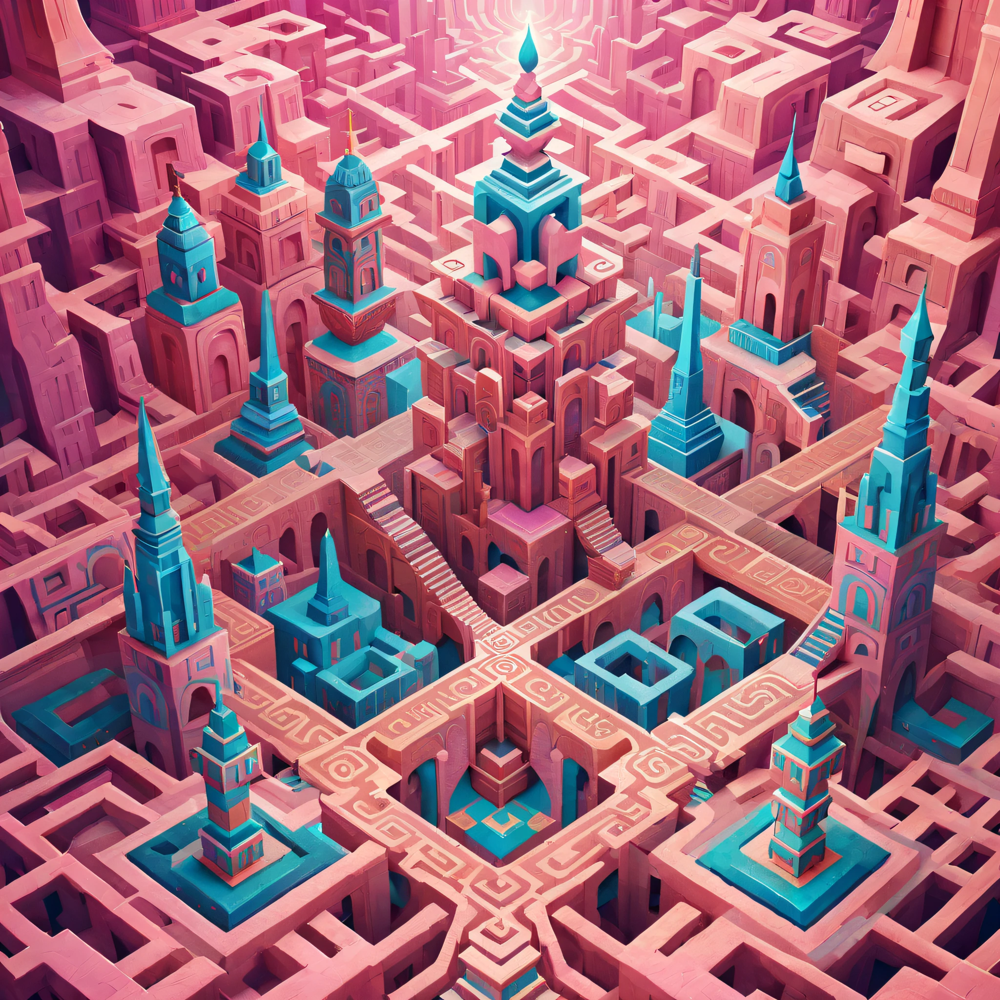 monument valley，Labyrinth of magical castles，Lost treasures，Geometric space，Unordered regular three-dimensional pattern，Ancient totem poles，Tall monument，Intricate staircase,Pink space，geomerty，Paradox geometry,