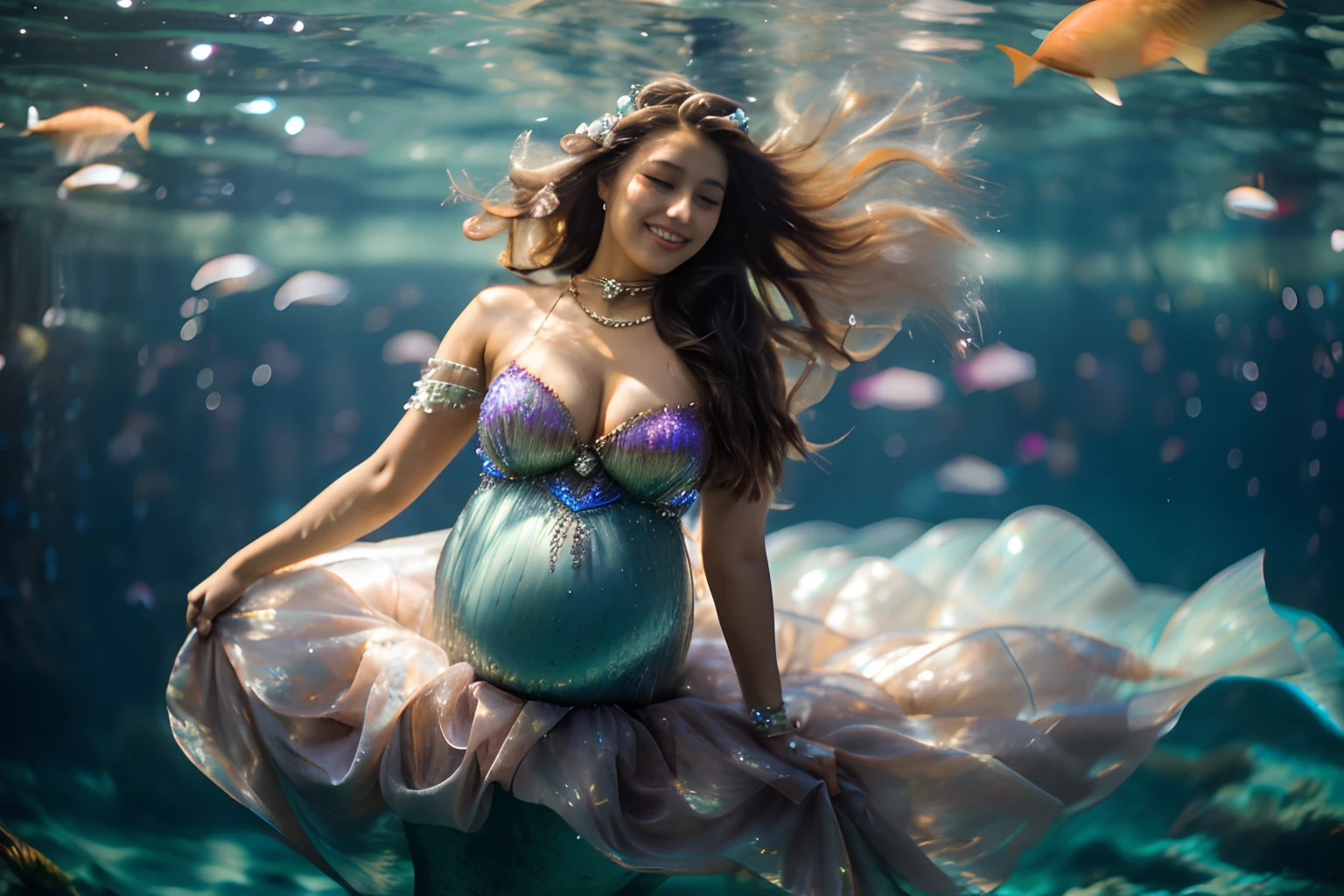 Giant tiara,Huge necklace,Large fins float in the water,Beautiful shining fins,Too fine shine all over the body,Japan Mermaid,Perfect smile,finerly detailed face,The most beautiful faces in Japan,fair skin,glistning skin,skinny body,A slender,A dark-haired,Beautiful shiny hair,Shining water,Fine complex light,intricate light,Intricately shining water surface,large full breasts,A body full of jewels,Unimaginable extravagant decoration throughout the body,real photoshoot queen of oceans, beautiful mermaid, Underwater Photography, maternal photography 4 k, Mermaid Body, mermaid, ariana grande as a mermaid, wearing a dress made of water, Little Mermaid, Portrait of the Mermaid, Pregnant belly, mermaids, Portrait of the Mermaid Queen, Water Fairy