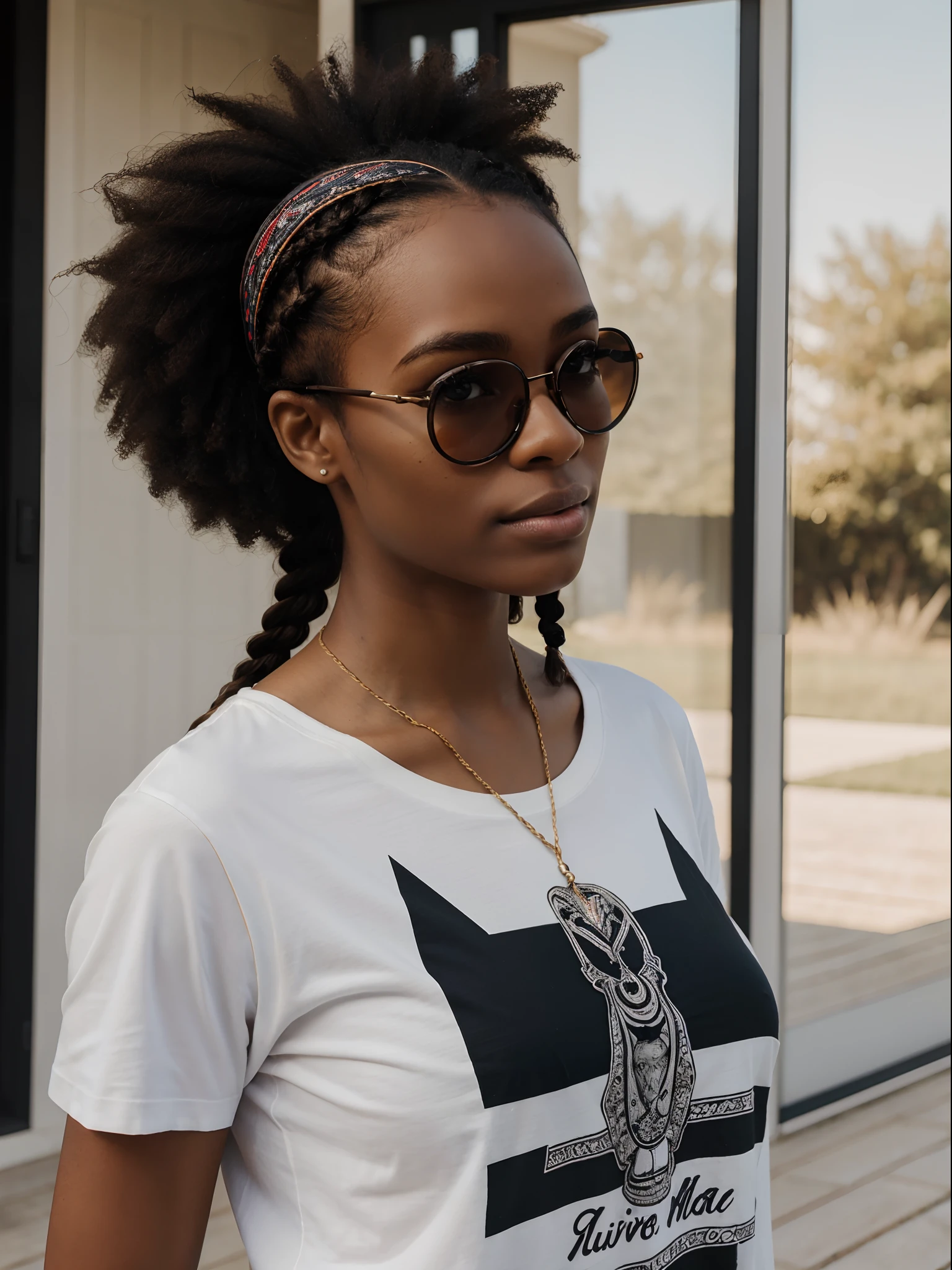 corps entier , beau visage, Long, braided hair,Warm light and clear complexion, Afro-American, Detailed, ultra quality, poitrine claire, T-shirt noir XXL mini-jupe moulante devant sa maison avec lunettes aux yeux