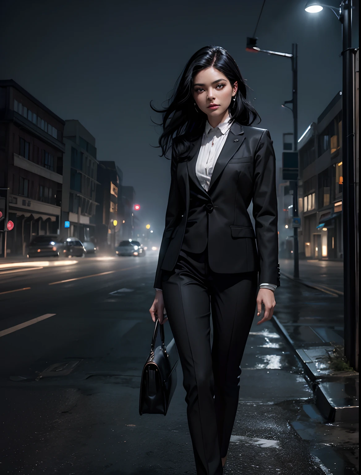 A beautiful woman. Black hair that reaches down to the back. She is wearing a black business suit. She is standing in a deserted, foggy town. The time is late at night. 8K image quality. 4K quality. A masterpiece.