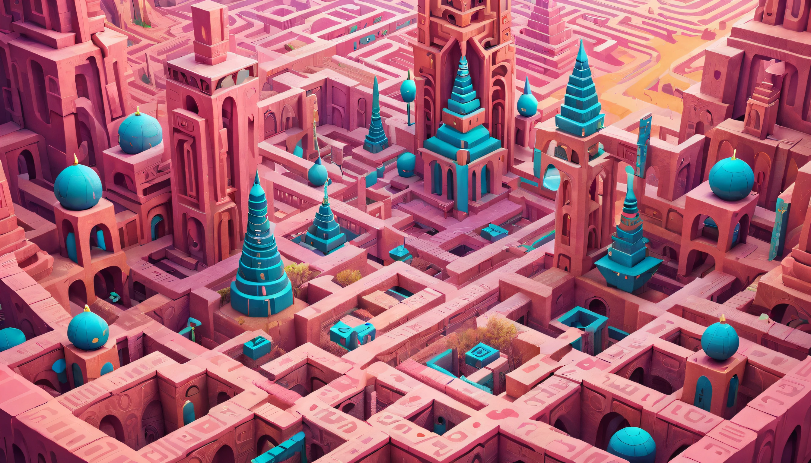 monument valley，Labyrinth of magical castles，Lost treasures，Geometric space，Unordered regular three-dimensional pattern，Ancient totem poles，Tall monument，Intricate staircase,Pink space，geomerty，Paradox geometry,