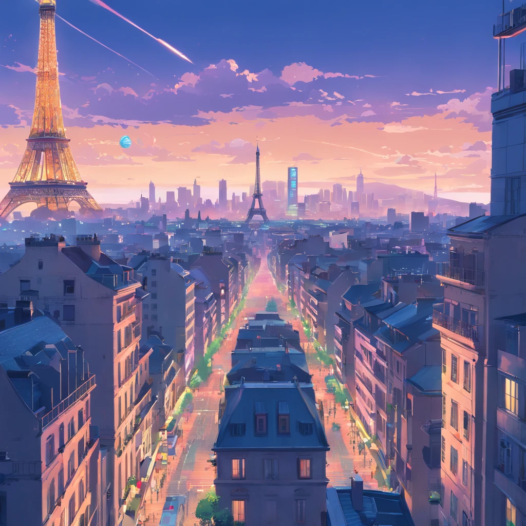 Close-up of a city with large buildings and ((( The real Effeuille Tower in the central background))), Inspired by Liam Wong, cyberpunk art style, lofi art, In the style of Laurie Grizzley, neo tokyo background, inspired by Kilian Eng, by Kilian Eng, art deco outrun anime aesthestic, Cyberpunk illustration, cyberpunk themed art, jen bartel, art by:Arenami