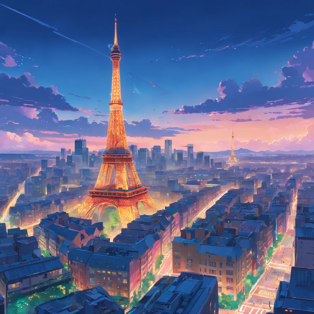 Close-up of a city with large buildings and ((( The real Effeuille Tower in the central background))), Inspired by Liam Wong, cyberpunk art style, lofi art, In the style of Laurie Grizzley, neo tokyo background, inspired by Kilian Eng, by Kilian Eng, art deco outrun anime aesthestic, Cyberpunk illustration, cyberpunk themed art, jen bartel,  art by:Arenami