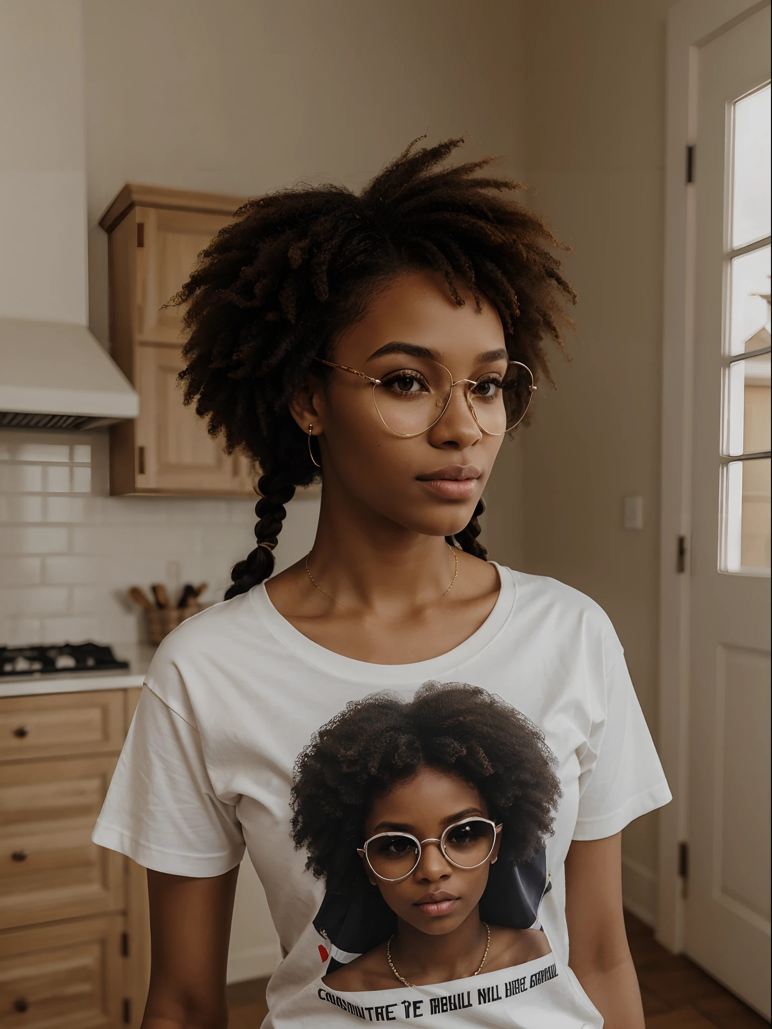 corps entier , beau visage, Long, braided hair,Warm light and clear complexion, Afro-American, Detailed, ultra quality, poitrine claire, T-shirt noir XXL mini-jupe moulante devant sa maison avec lunettes aux yeux