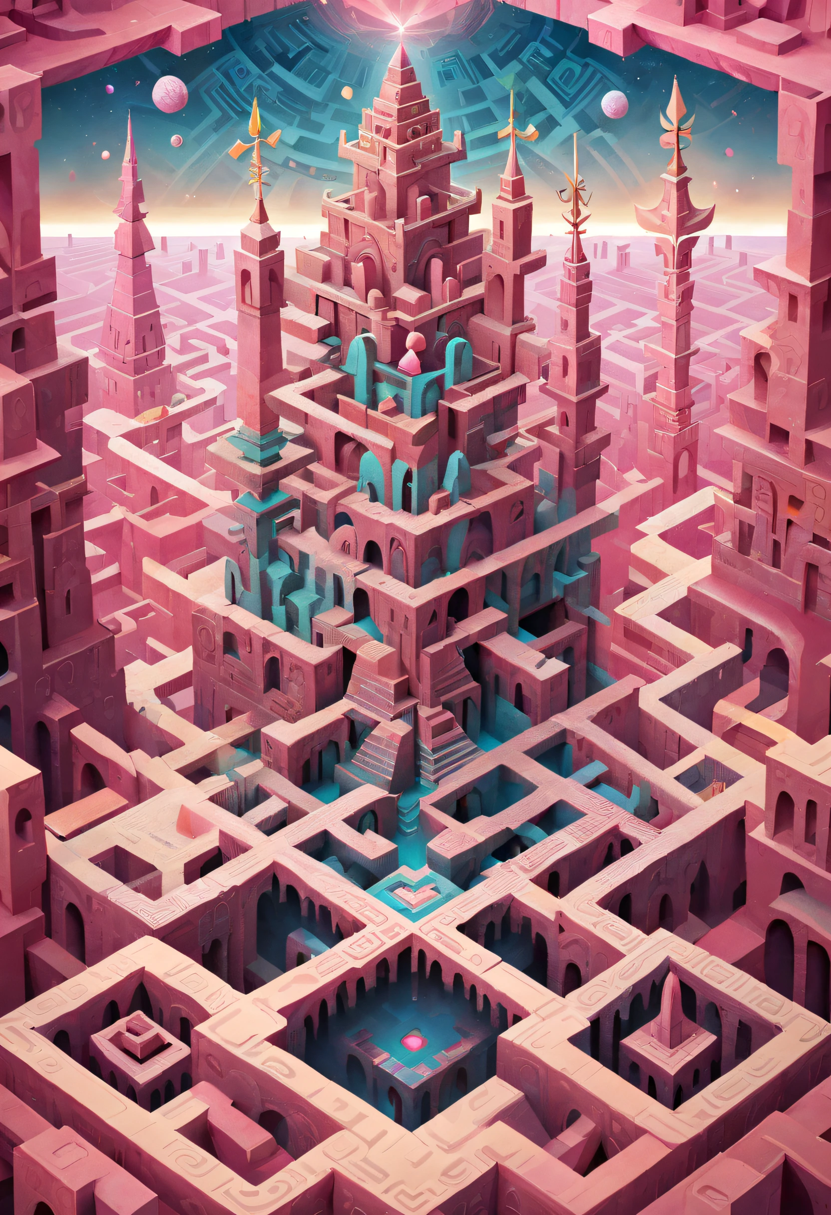 monument valley，Labyrinth of magical castles，Lost treasures，Geometric space，Unordered regular three-dimensional pattern，Ancient totem poles，Tall monument，Intricate staircase,Pink space，geomerty，Paradox geometry,