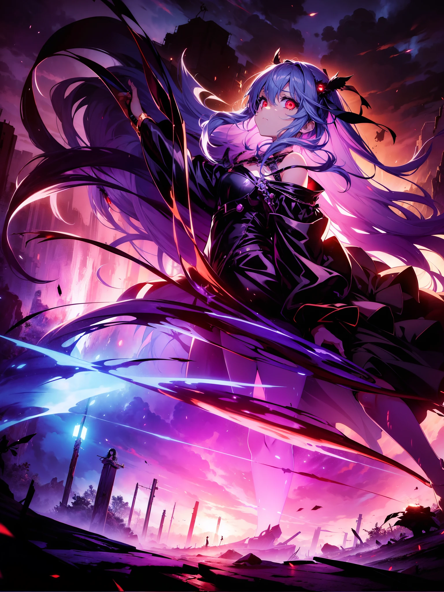 1 loli girl, character focus,cinematic angle,cowboy shot, holding magical rod, crows ,bloody body ,(Faintly emerge from the darkness) ,(((Expressionless))) , ((rape eyes)) ,black hair, long hair, ribbon , black dress, red eyes, (glowing eyes:1.1) , Weird World , Strange world ,darkness, horror, fantasy, Cruel , high resolution,(incredibly absurdres), (hires.fix:1.3),anime visual,ultra detailed CG unity 8k wallpaper, ((masterpiece)), ((top-quality)), (beautiful illustration), ((an extremely delicate and beautiful))