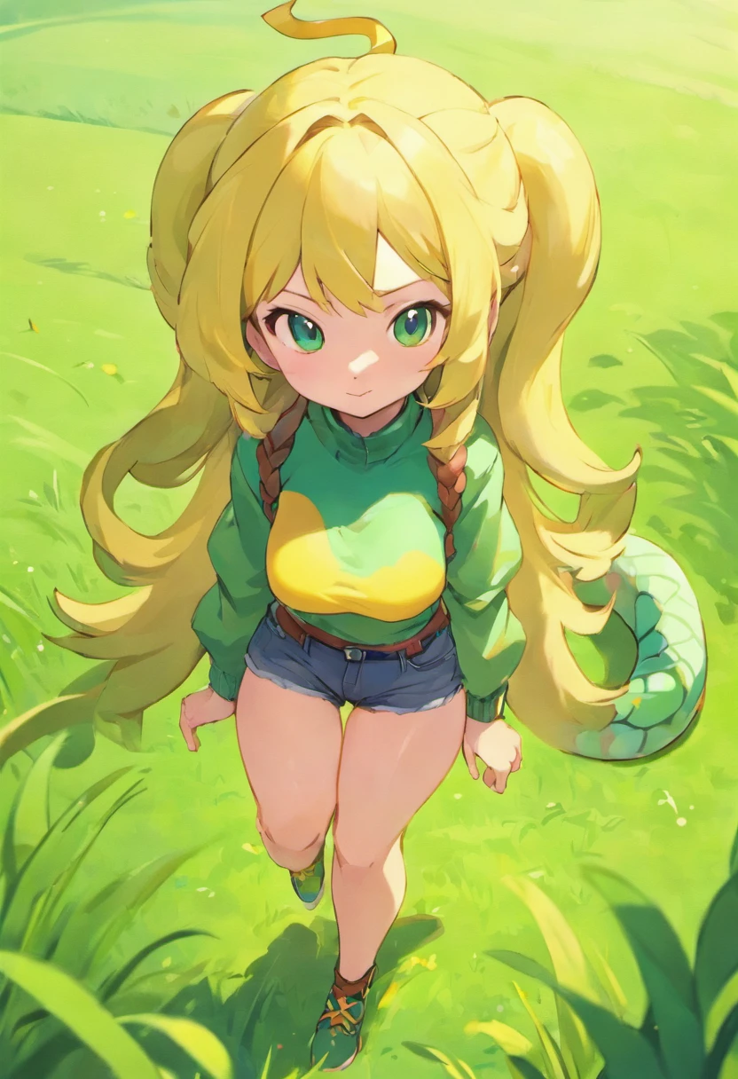 snake girl, with casual outfit, grass background,realistic 1.2