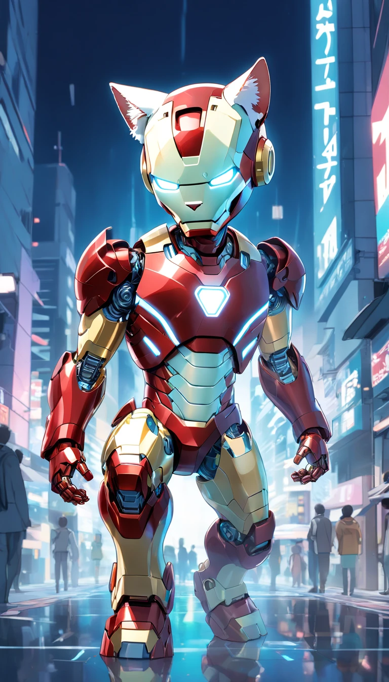 (robotic cat inspired iron man, white color: 1.3), (blind box toy style:1.3), (full body shot), a cute transparent robot cat, Transparent Mech, Exquisite Helmet cat :1.2, Glasses:1.2, Cyberpunk, dreamy glow , bright neon lights, clean, white background, (global illumination, ray traching, HDR, unrealistic render, reasonable design, high detail, master part, best quality, hyper HD, cinematic lighting)