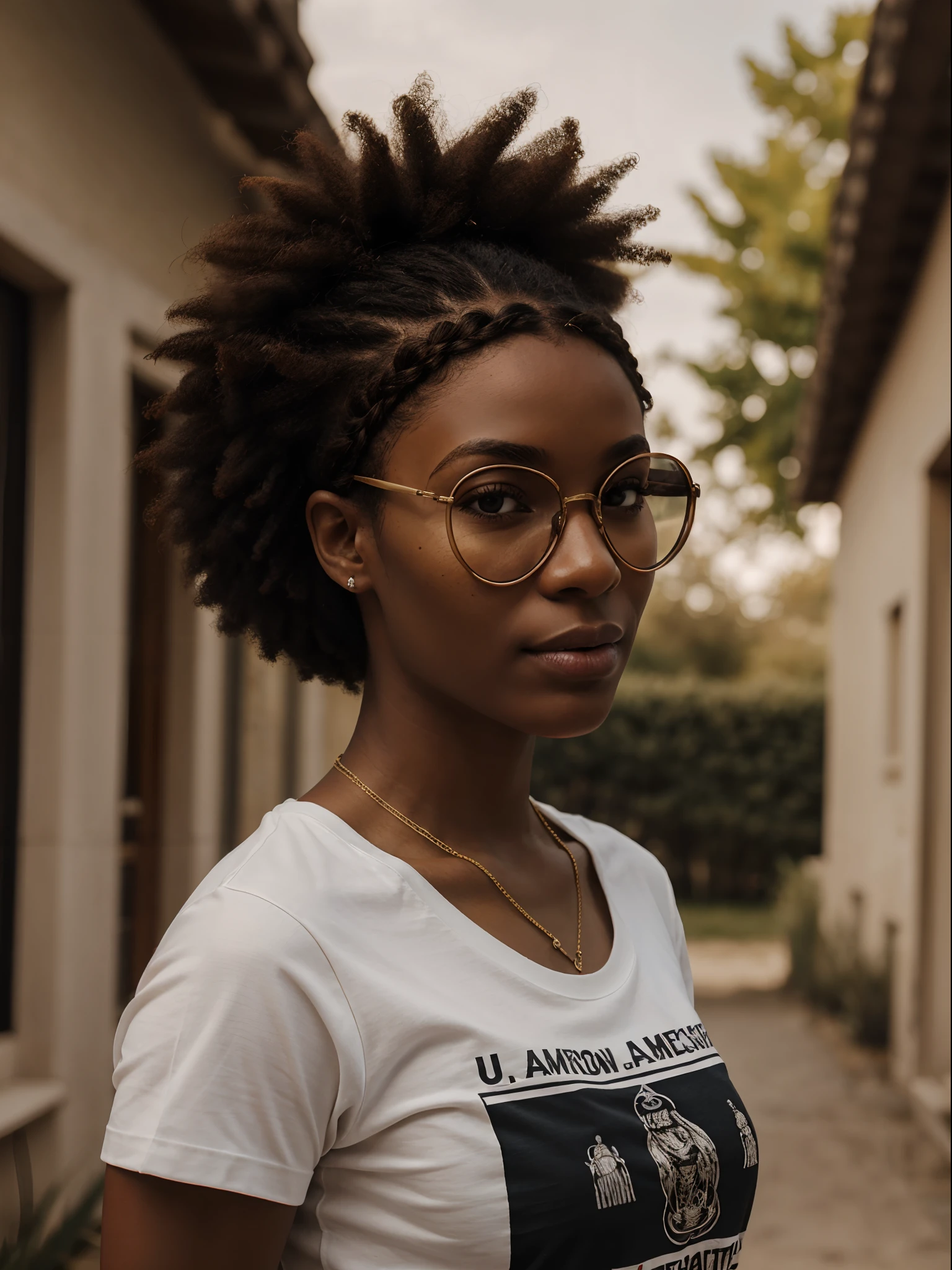 corps entier , beau visage, Long, braided hair,Warm light and clear complexion, Afro-American, Detailed, ultra quality, poitrine claire, T-shirt noir XXL mini-jupe moulante devant sa maison avec lunettes aux yeux