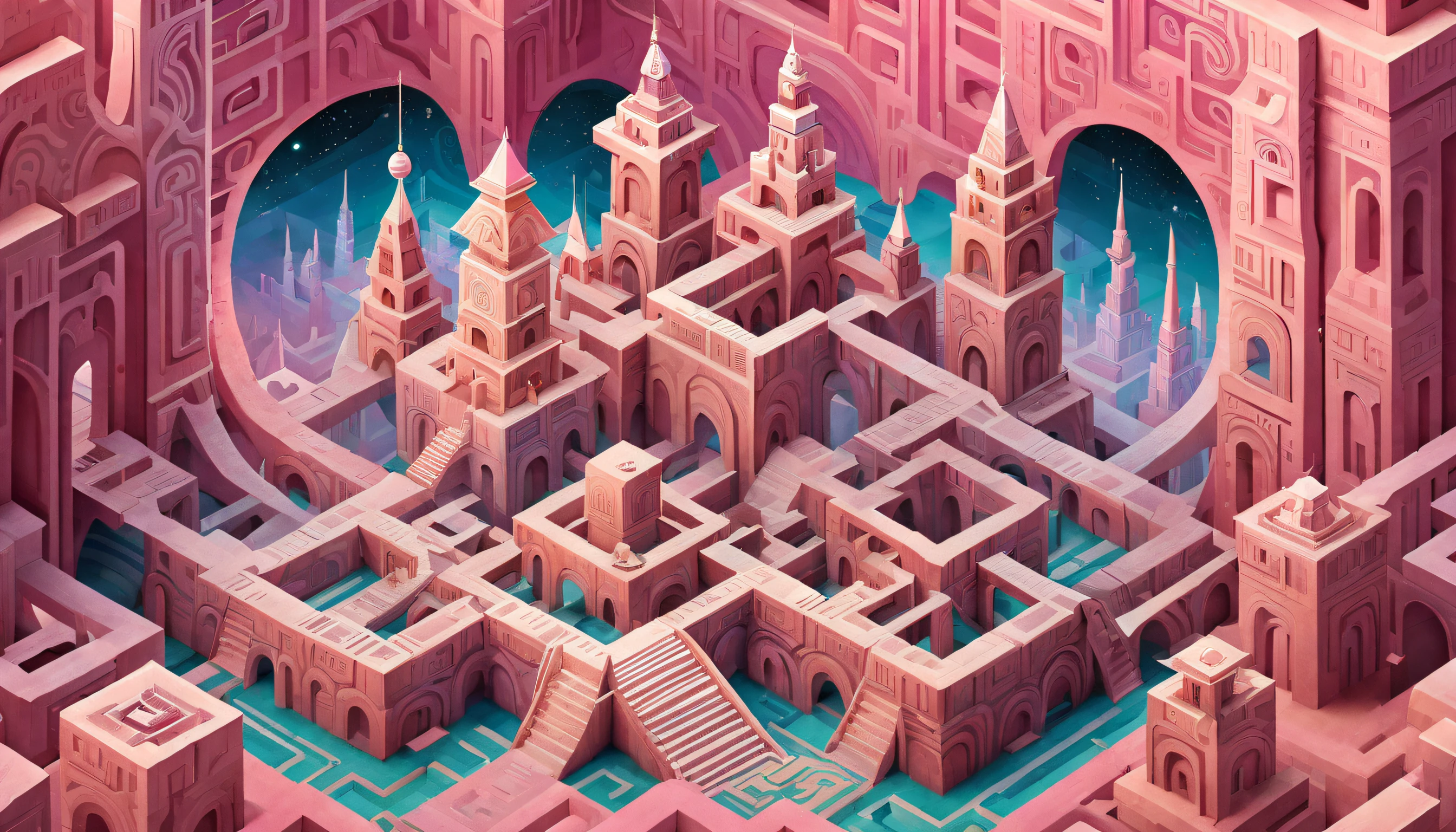 monument valley，Labyrinth of magical castles，Lost Treasure，Geometric space，Unordered regular three-dimensional pattern，Ancient totem poles，Tall monument，Intricate staircase,Pink space，geomerty，Paradox geometry,