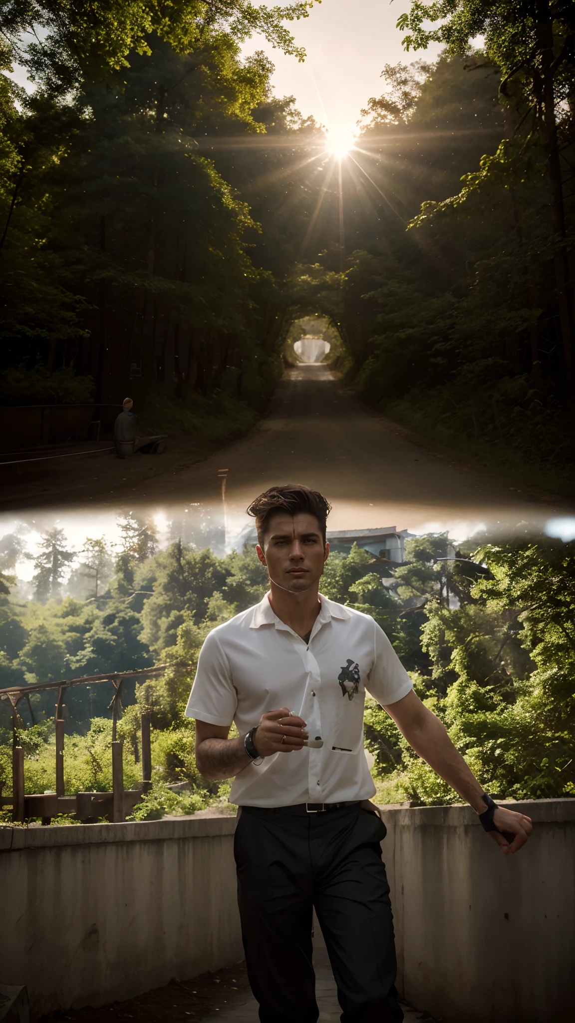 Ai generator cyberpunk handsome boy realistic face baground change a forest, four sides have dengerous lions 8k ultra image