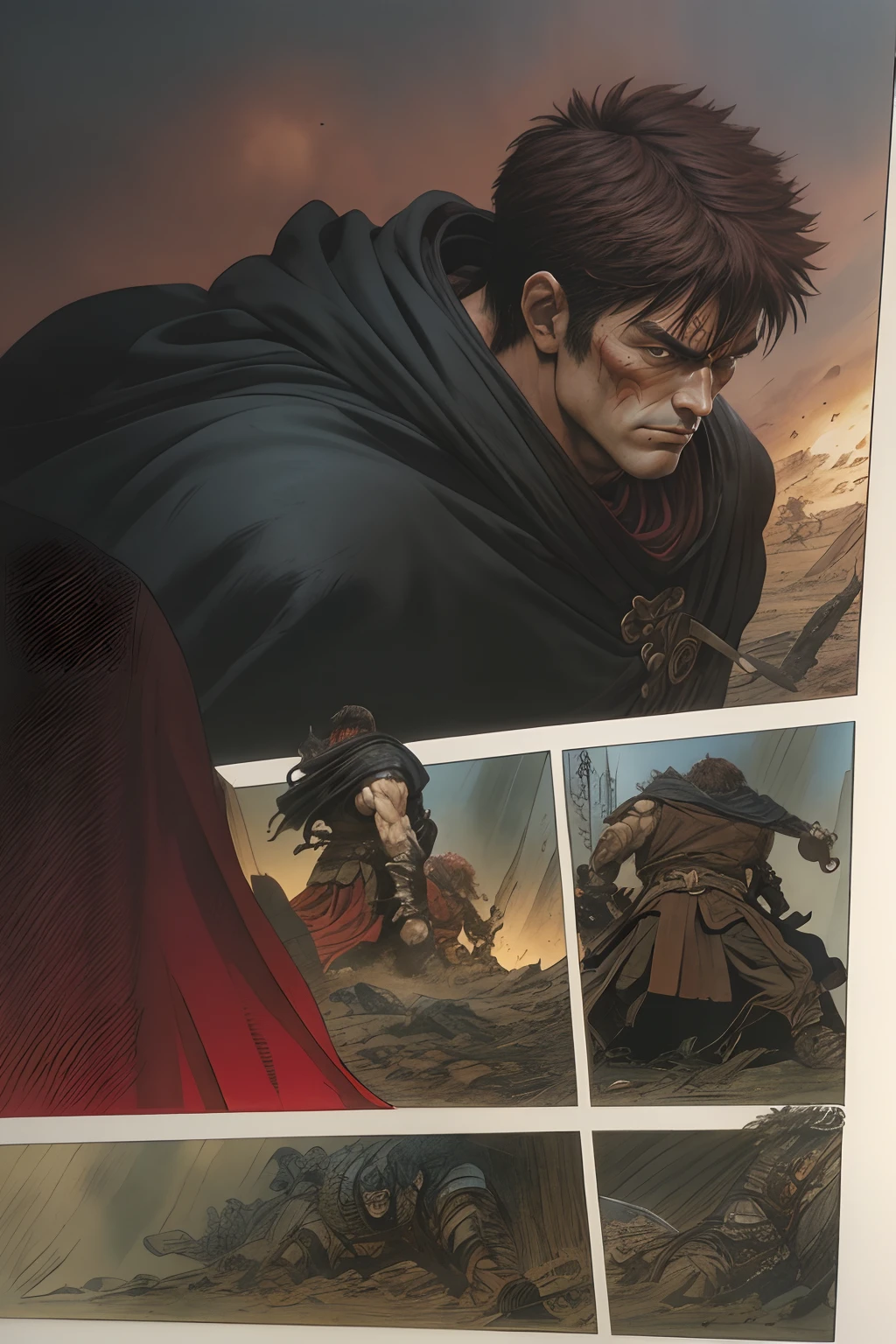 Comic storyboard:2, \(Guts Berserker\), tmasterpiece, Best quality, A robust man, brunette color hair, short  hair, musculature, the scars, a black cloak, big sword, bearings, ogre, (foreground:1.1), (Traditional media), shoulder armors,rampage,Battle scenes