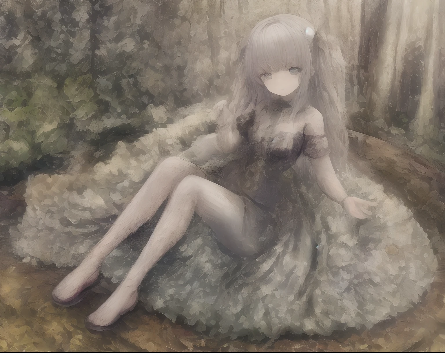 _opening, cleavage, Large_Breasts, Long_Hair, Looking_at_Animal, Looking_at_peeping at the viewer, navel, Night, Night_sky, origami, Paper_Crane, parted_Lips, purple_capital，2girls, bangs, Bare_bshoulders, Breasts, Curtains, dress, Eyebrows_Visible_Through_Hair, frilld, Grey_Eyes, Hat, letterboxed, Long_Hair, Long_Sleeves, mediating_Breasts, multiple_Girls, Pantyhose, Sitting, Very_Long_Hair, White_dress