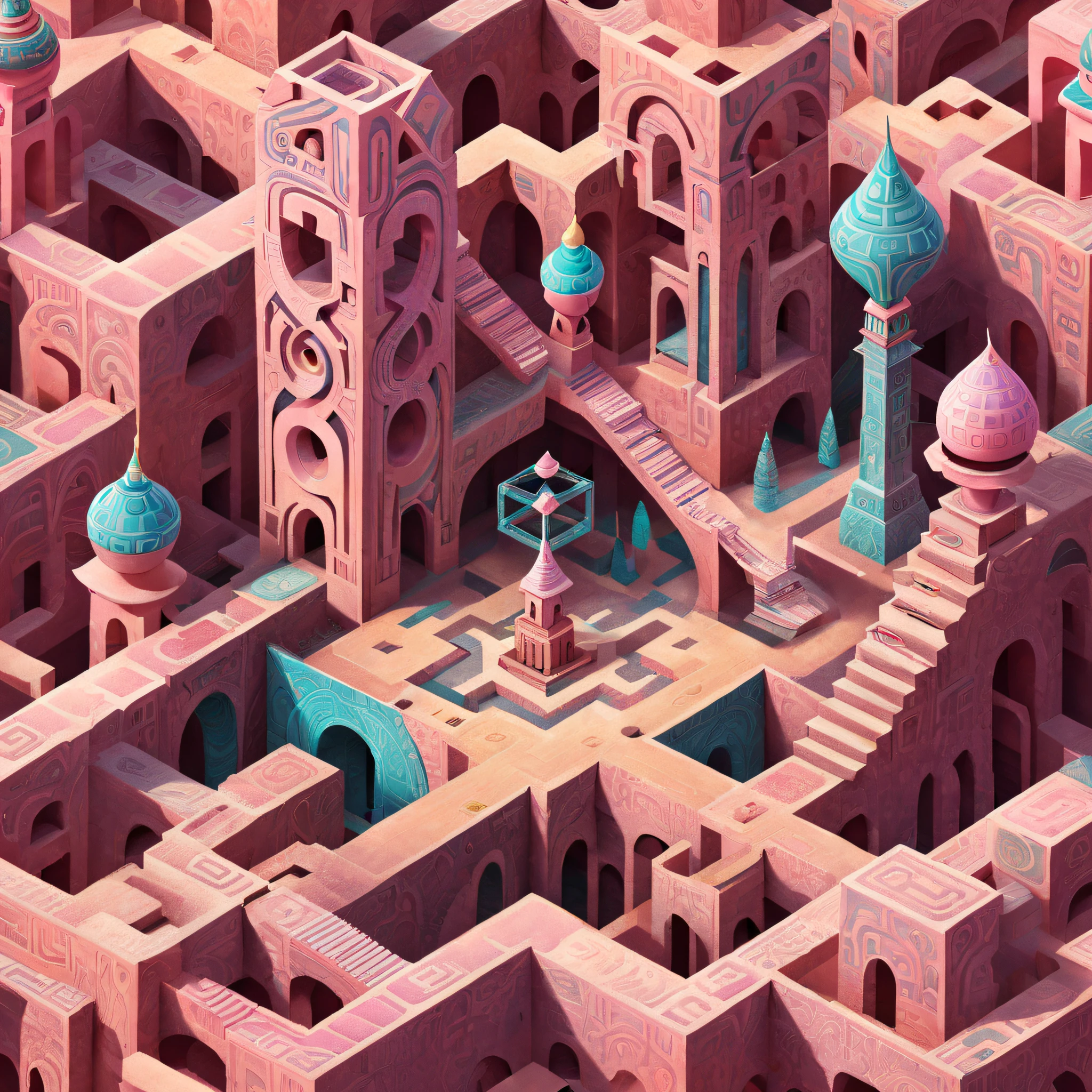 monument valley，Labyrinth of magical castles，Lost Treasure，Geometric space，Unordered regular three-dimensional pattern，Ancient totem poles，Tall monument，Intricate staircase,Pink space，geomerty，Paradox geometry,