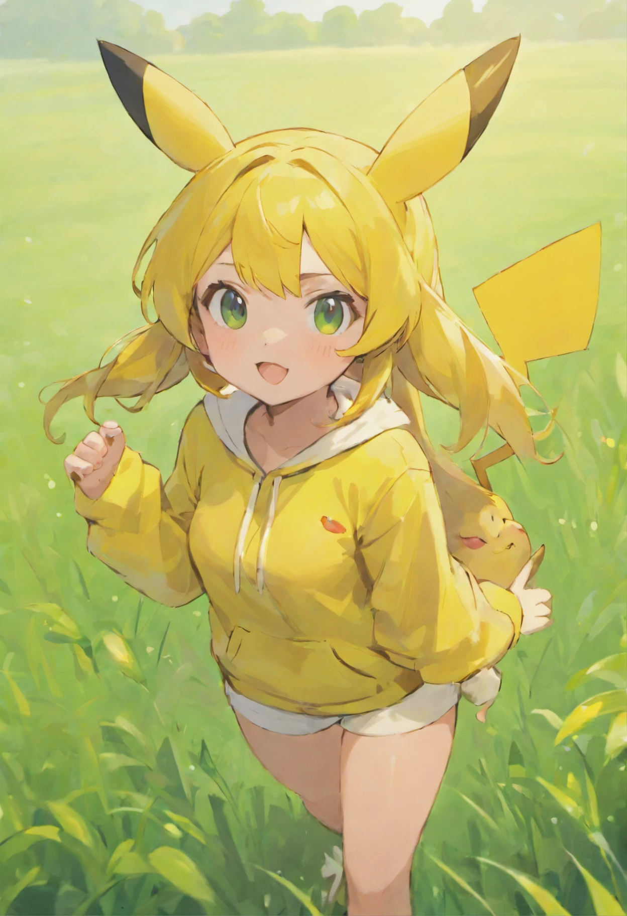 pikachu girl, with casual outfit, grass background,realistic 1.2