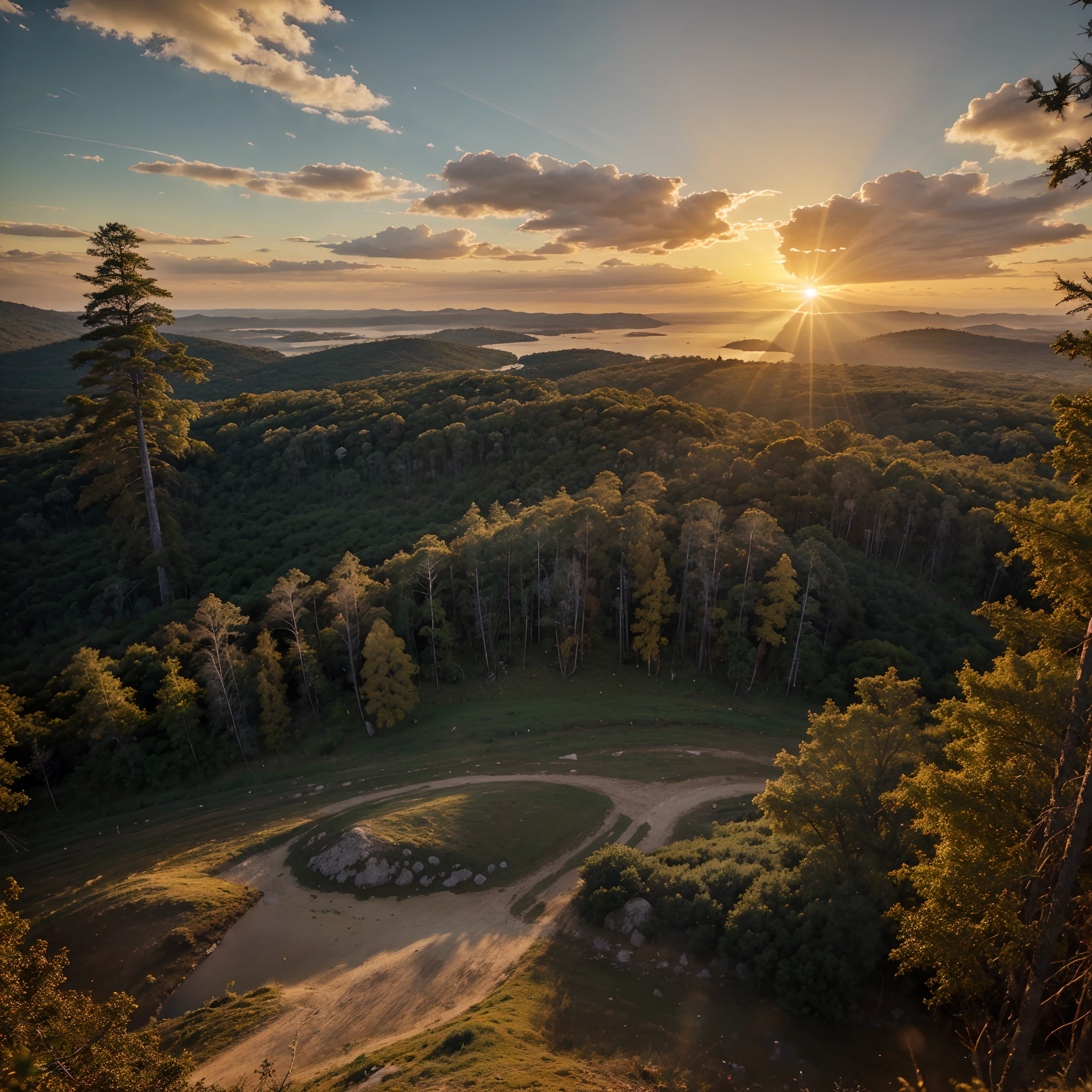 Crie uma passagem deslumbrante do alto das montanhas arborizadas, With sunset in the background and the sun's rays over the lake, imagem altamente detalhada, em 4k