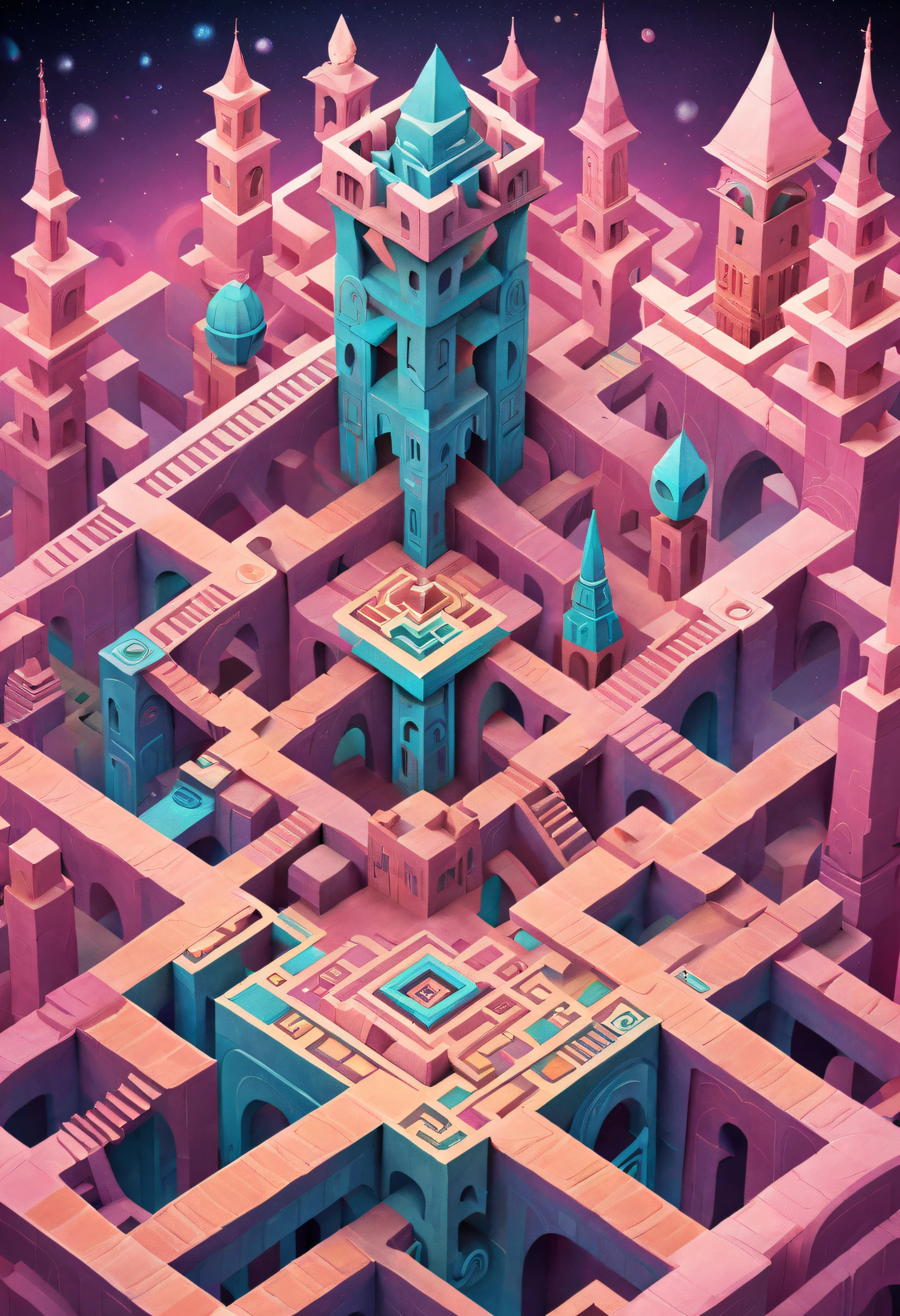 monument valley，Labyrinth of magical castles，Lost Treasure，Geometric space，Unordered regular three-dimensional pattern，Ancient totem poles，Tall monument，Intricate staircase,Pink space，geomerty，Paradox geometry,