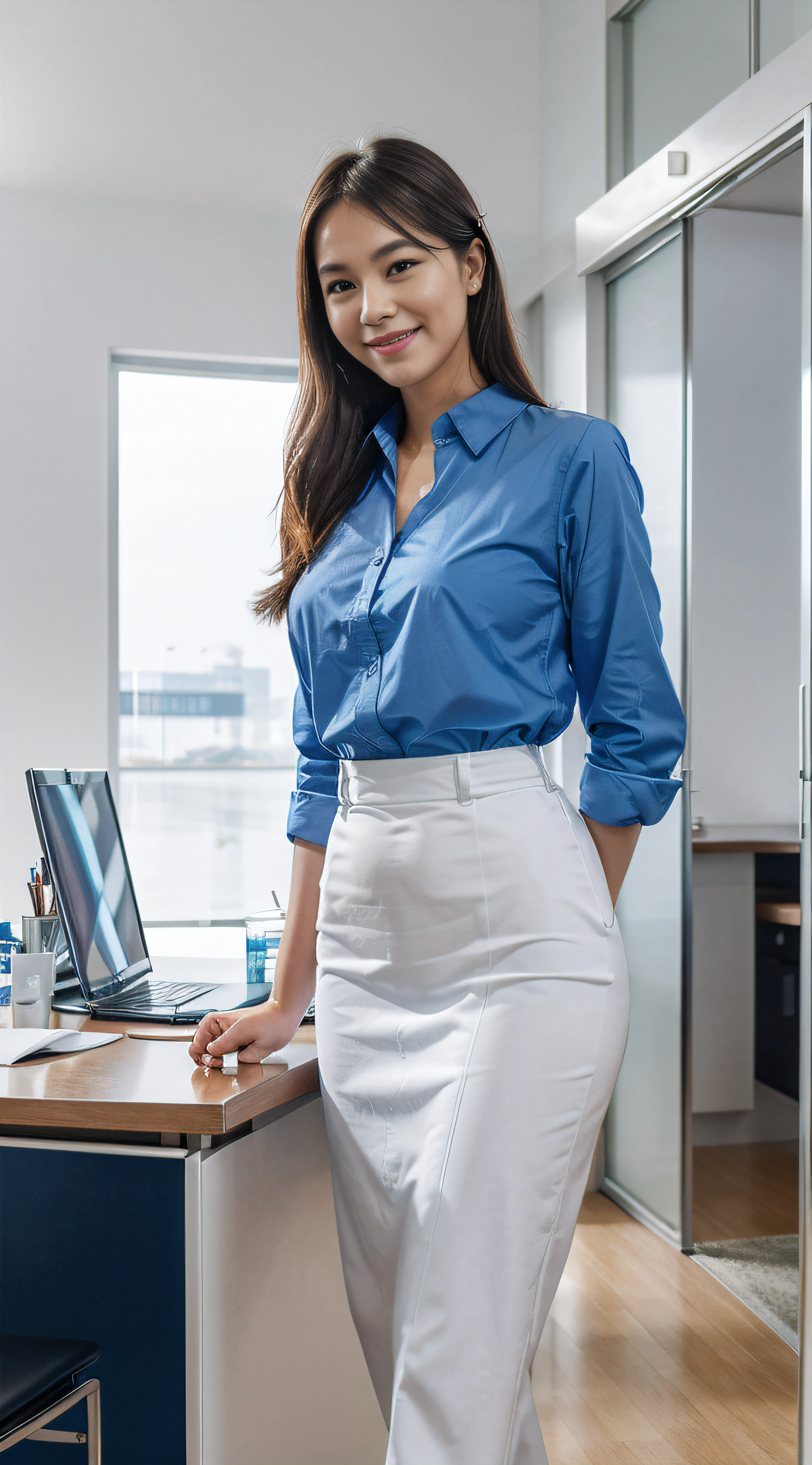 asia office white-collar-worker,beautiful posture,drinking water beside the water dispenser,smiling,facing forward,illustration, (best quality, HDR:1.1),brightly lit environment,modern office background,blue color palette,morning sunlight,vibrant colors, fine details, professional painting, confident expression、stylish professional attire, natural glow, elegant atmosphere