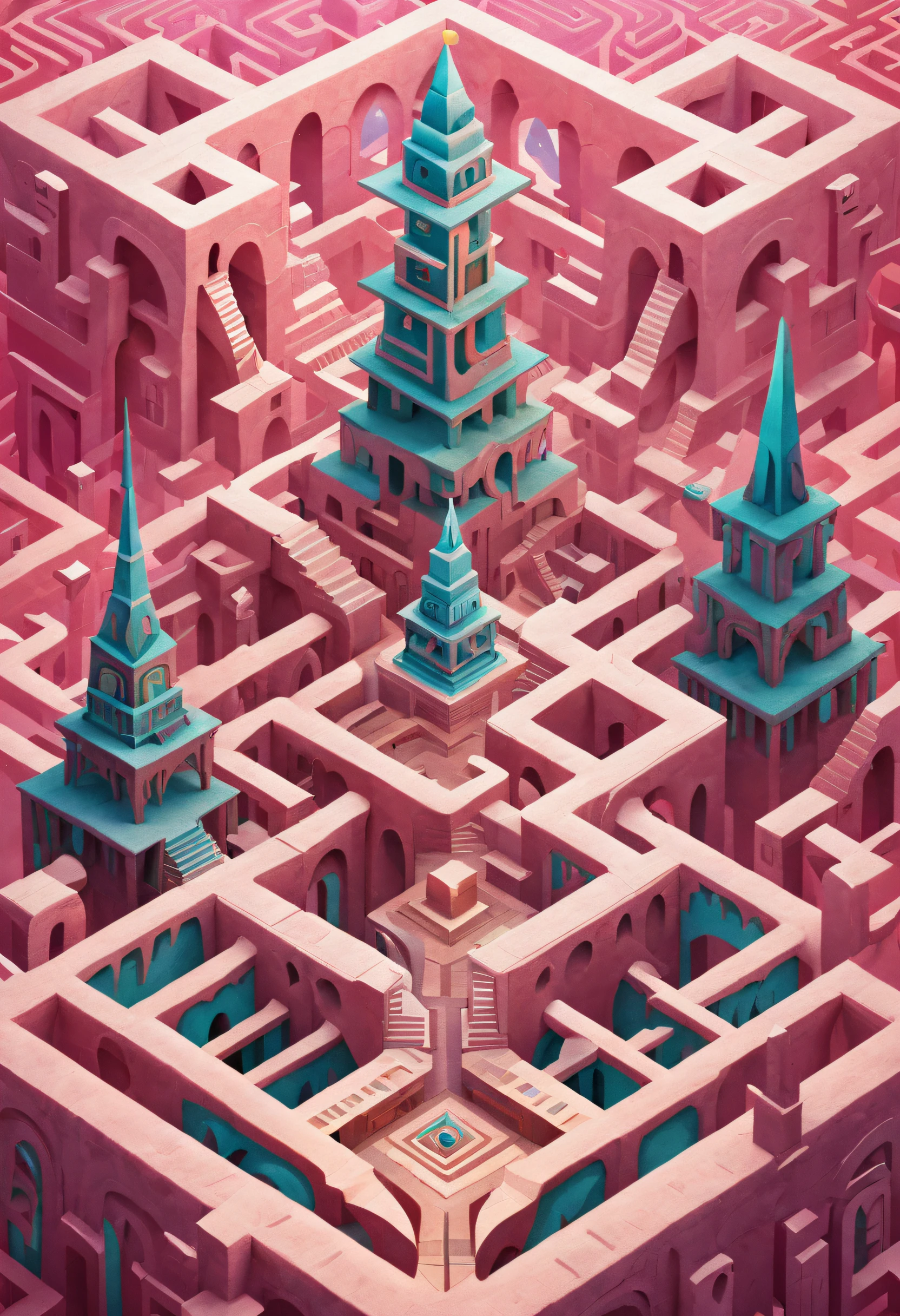 monument valley，Labyrinth of magical castles，Lost Treasure，Geometric space，Unordered regular three-dimensional pattern，Ancient totem poles，Tall monument，Intricate staircase,Pink space，geomerty，Paradox geometry,