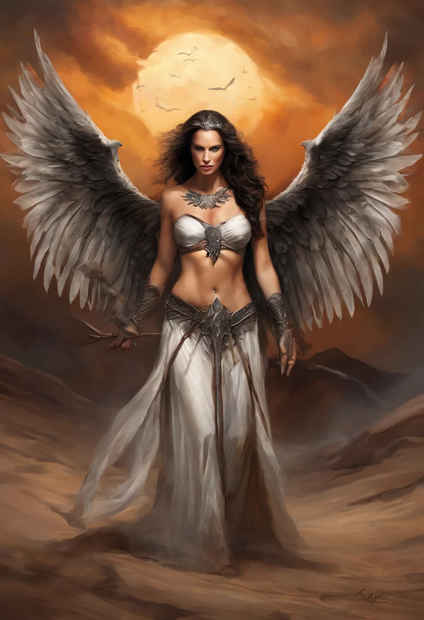 Arad woman with wings in desert landscape with sky background, portrait of the angel of death, villainess has black angel wings, Dark Angel, gothic fantasy art, goddess of anger, angel of death, dark fantasy art, angel in hell, abaddon and magali villeneuve, female lord of change, portrait of the angel of death