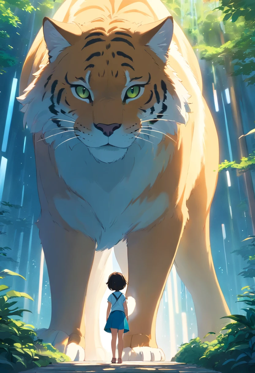 Giant big cat,Looking at a girl standing in front of her,downy,rays of sunshine,Breeze 1, NSFW