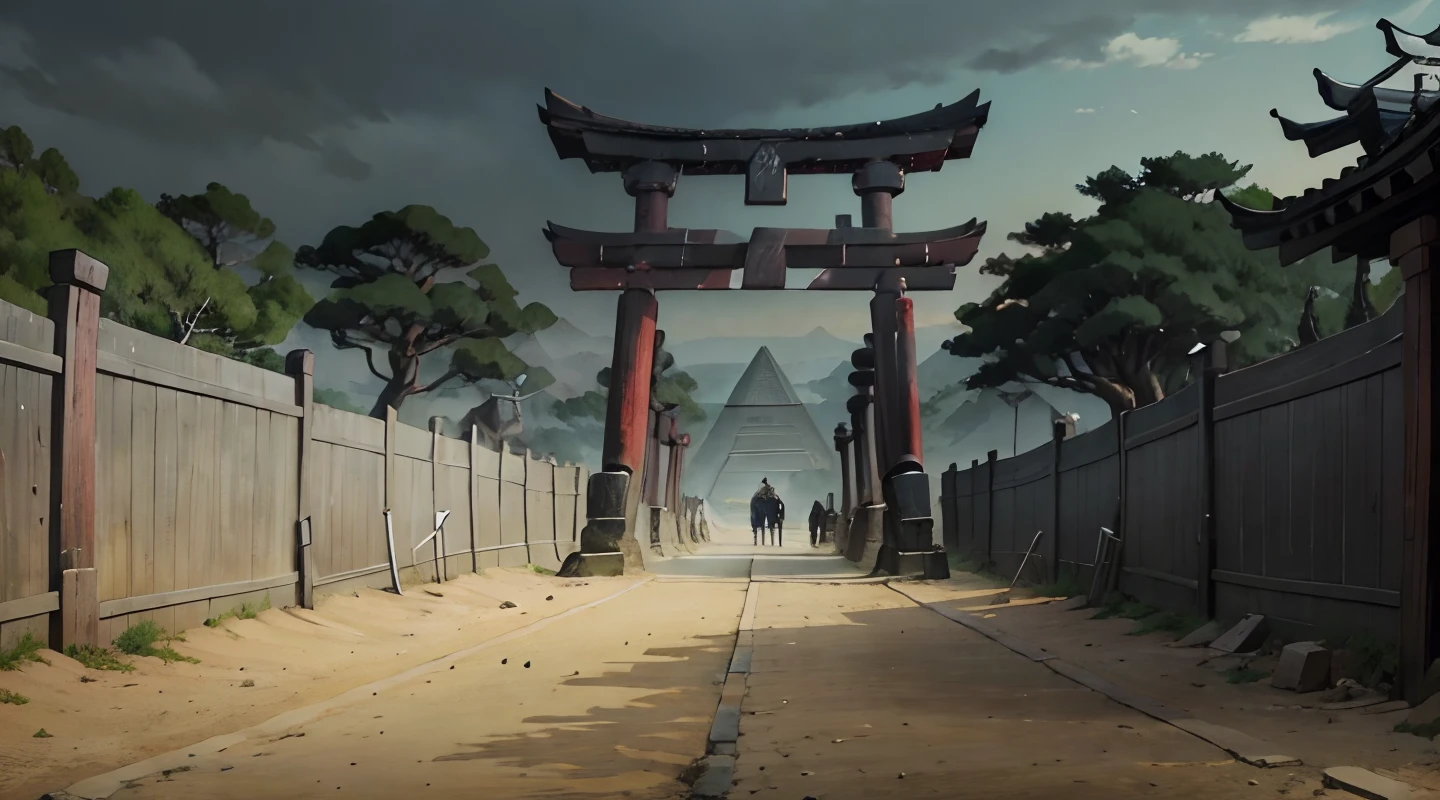Create a dark path with japanese elements and put a old torii-gate at the beginning of it at the end in the background place the pyramids of giza