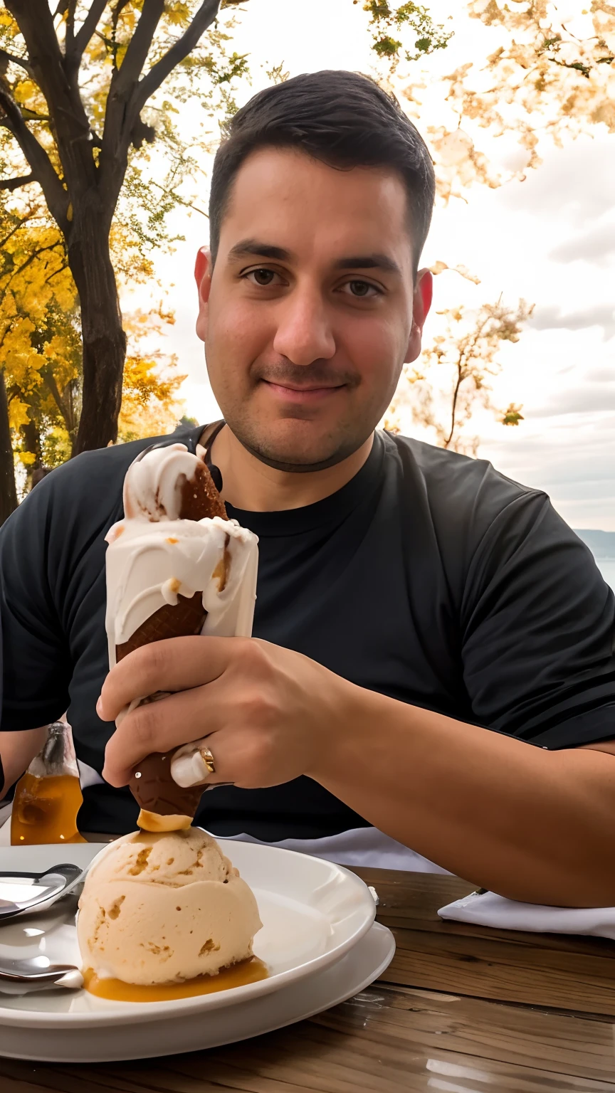there is a man sitting at a table with a dessert in his hand, eating ice - cream, eating ice cream, ice cream on the side, ice cream, very very low quality picture, johnatan wayshak, taken with sony a7r camera, enes dirig, inspired by Sándor Bihari, about 3 5 years old
