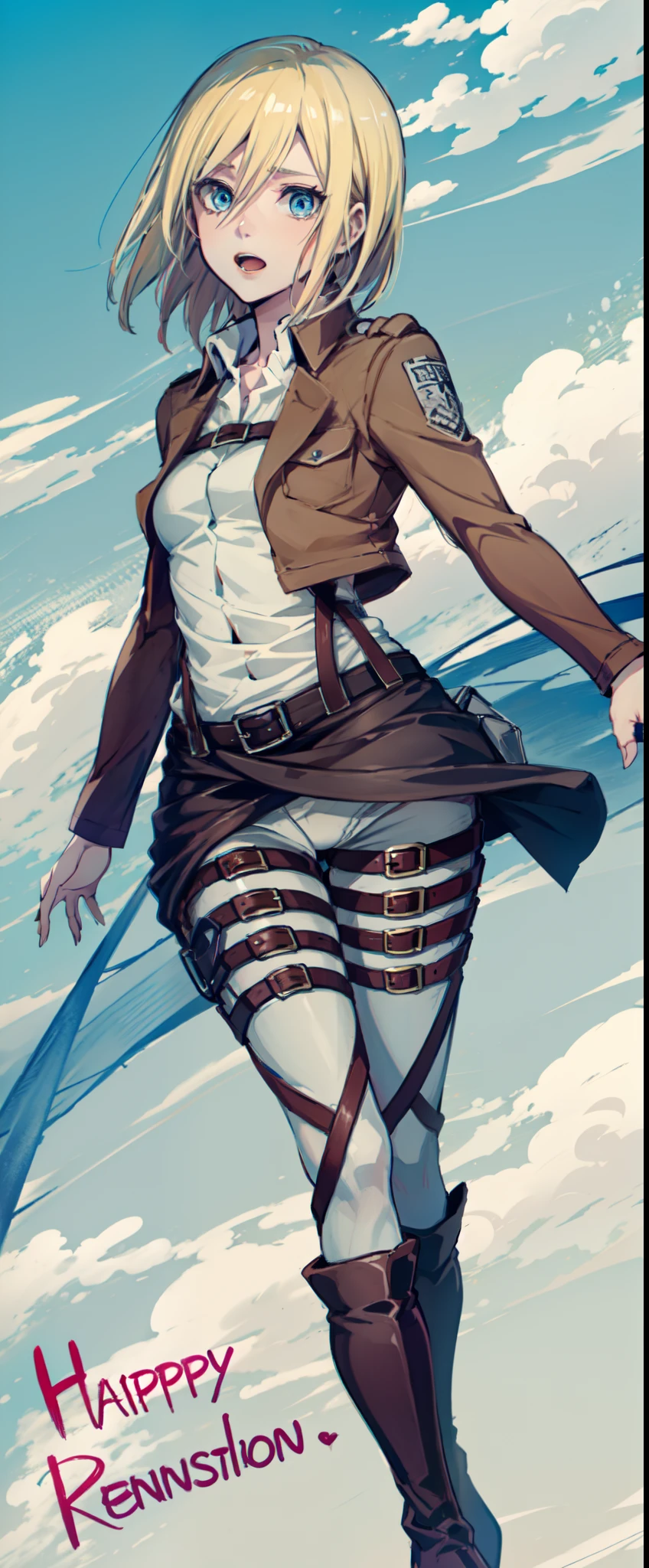 Christa renz, blue eyes, blonde hair, short hair,  slim legs, cleavage, slim waist, narrow waist, attack on titan, happy, navel,