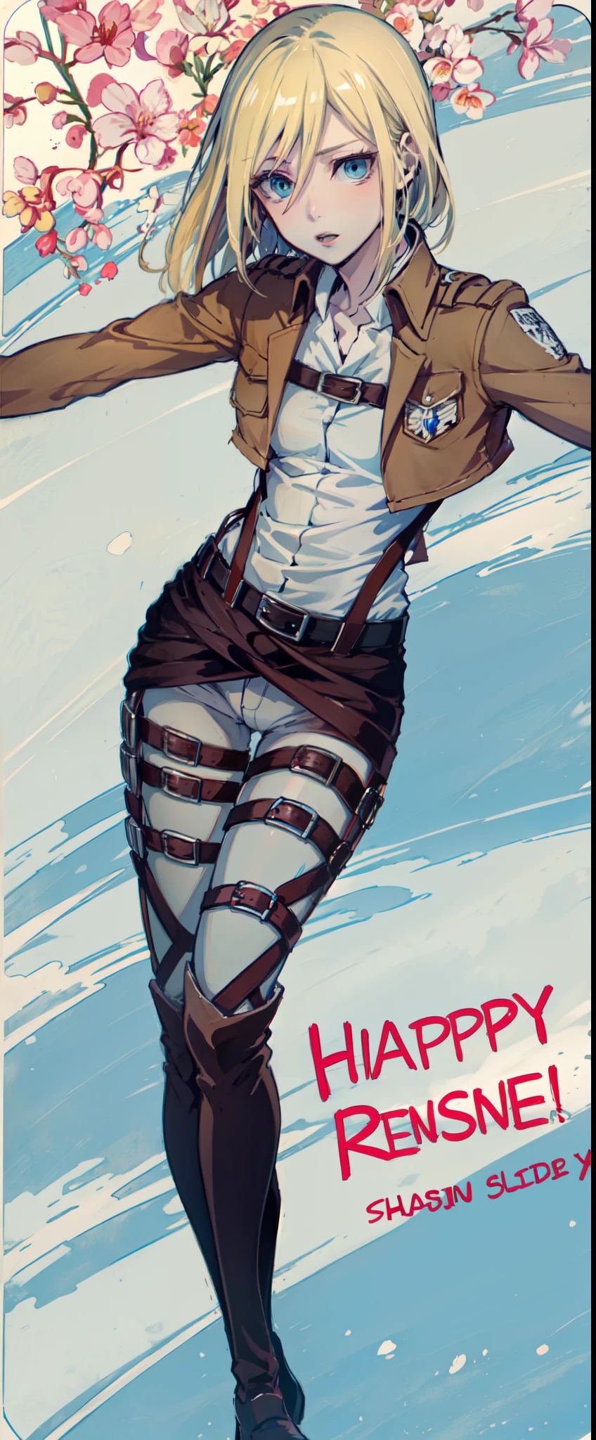 Christa renz, blue eyes, blonde hair, short hair,  slim legs, cleavage, slim waist, narrow waist, attack on titan, happy, navel,