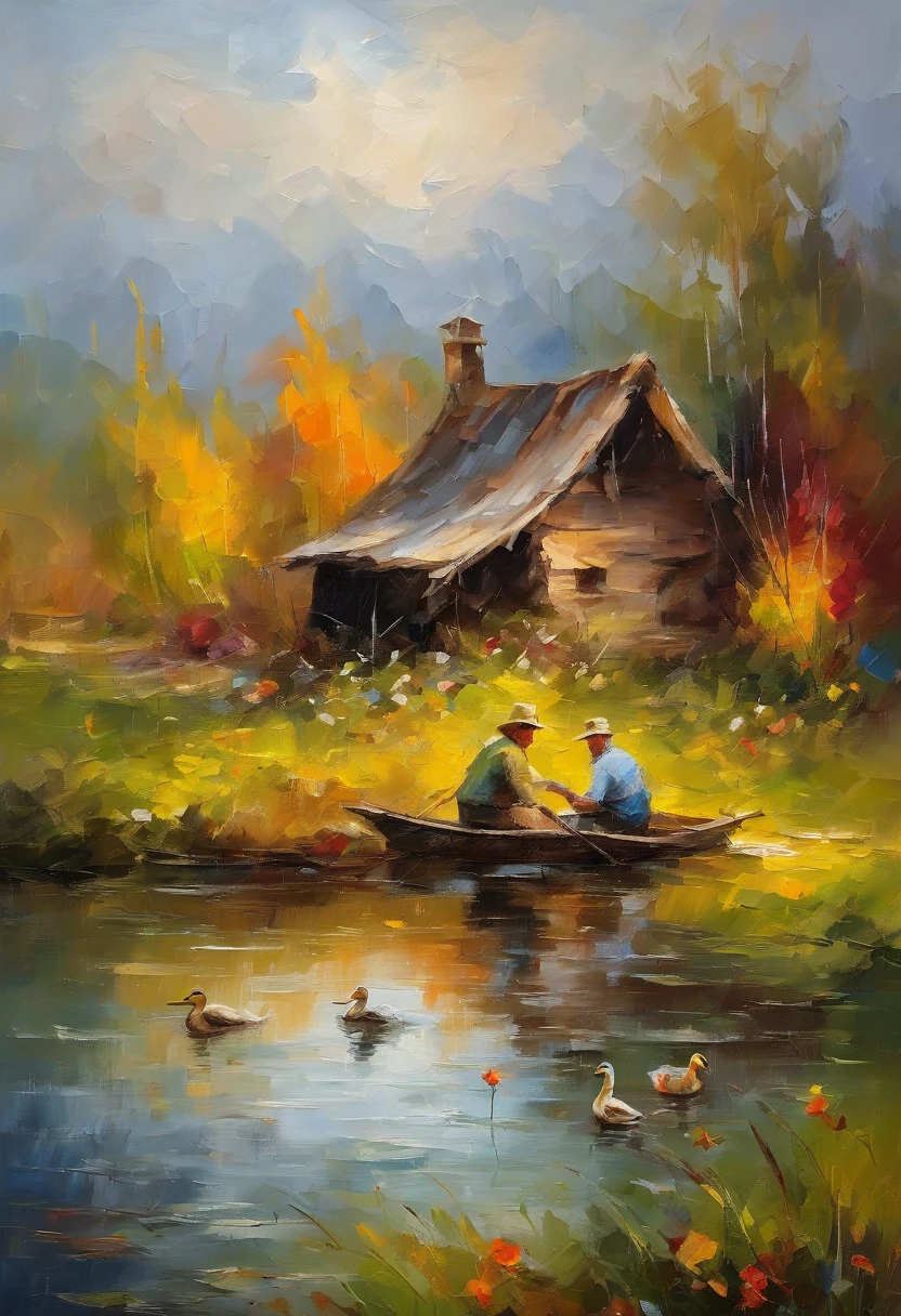 There is an old hut by the river, A fishing boat near the cabin on the water, ((The ducklings swim near the boat)), Flowers bloom next to the hut, An old man was smoking and sitting in front of the hut. masterpiece work of art.