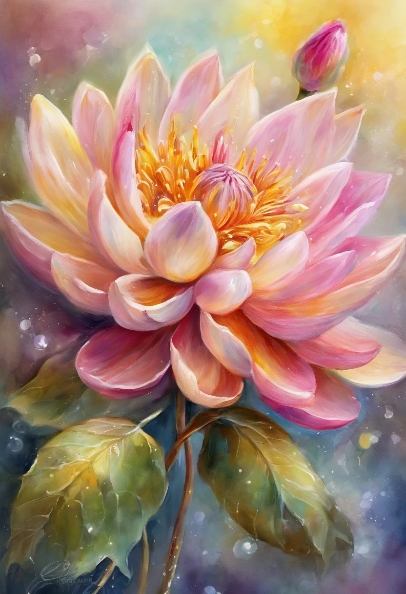 Digital art detailed for the best masterpieces, Highest Quality, With sparkling delicate yellow and pink dahlia flowers with elegant leaves,、Flowers on colorful diamond background, Graceful stems, And delicate, And elegant, flowey, Glittering petals, flowercore, surrounded flower, Radiant magic in the expression of flowers, Beautiful animations, Luminous flowers, Beautiful Art U Hard Disk 4K, Detailed painting in 4K, Beautiful flowers and crystals, Luminous flowers, light bloom, full bloom, Flowers that shine with bloom ether effect, a magical colorful flower, floral environment, Beautiful flowers、The lotus flowers、colorful flower、magical flowers, Flower explosion, Beautiful digital painting detailed in emergency digital photography, Detailed painting in 4K, background artwork, Flower explosion, Floral colors, highly-detailed digital painting, Appeared in 4K, Best Quality, hight resolution, 1080p, hard disk, 4K, 8K,