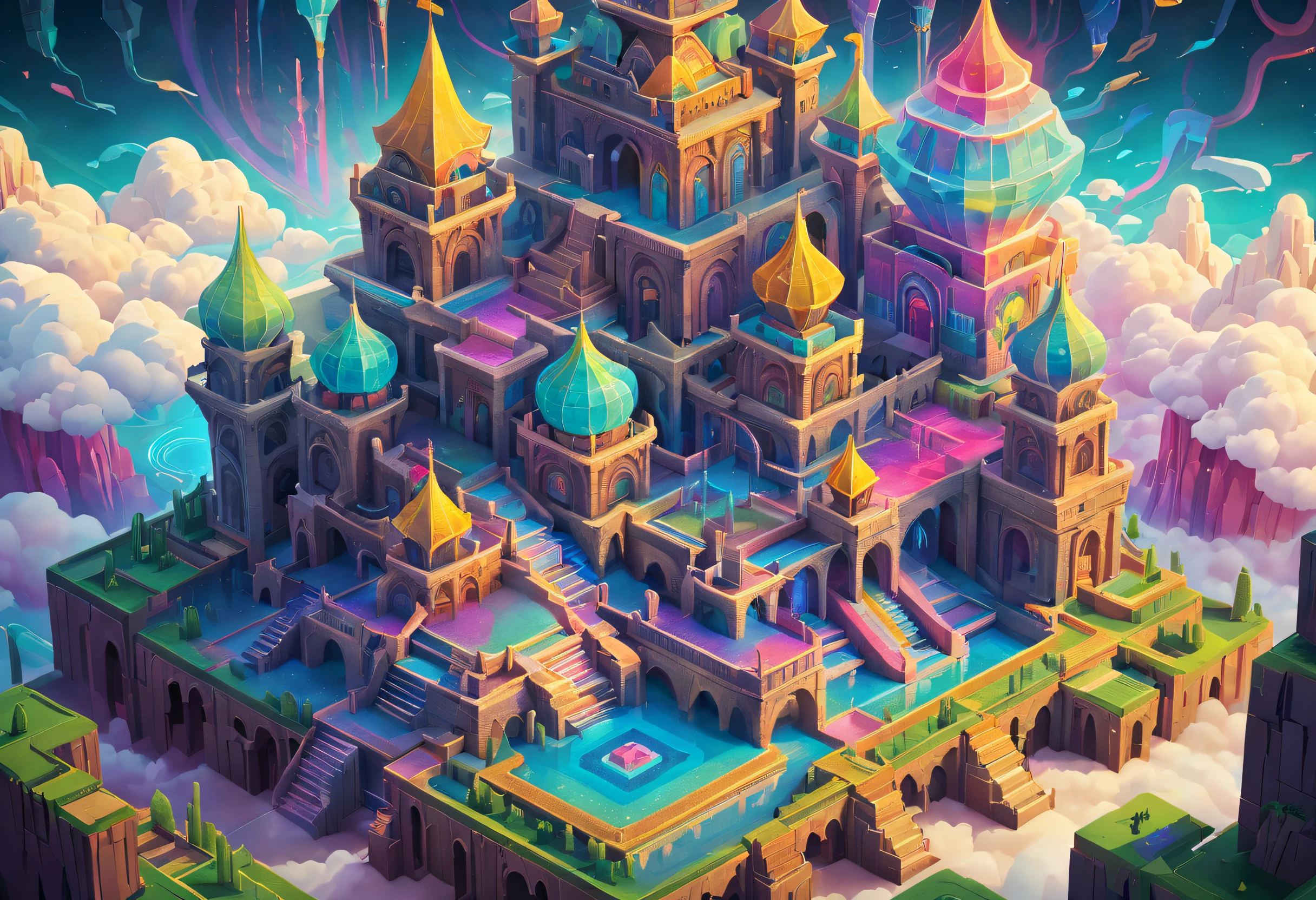 Transparent castle close-up，There is treasure on it, There are a lot of stairs and mechanisms inside，Intricate staircase，Sparkling treasure，A castle built with blocks，isometric view of a wizard tower, isometric palace, cyberpunk castle, Isometric 3D fantasy, colourful biomorphic temple, intricate rainbow environment, Floating palace, Neon ancient ruins, isometric island in the sky, Cloud Palace, Sacred City | illustration, colorful concept art, incredible isometric screenshot，absurderes，It's ridiculous，ultra-realistic realism，tmasterpiece，high qulity，UHD resolution，16k，realisticlying，Very realistic，Epic fairy tale fantasy，Epic futuristic fantasy，Epic surrealism，Monument Valley style, isometric game art, detailed game art illustration, Isometric art, Isometric 3D game art, Neon ancient ruins, incredible isometric screenshot, Art Station Geometry, Detailed game art, isometric voxel art, beeple daily art, 4K detailed digital art