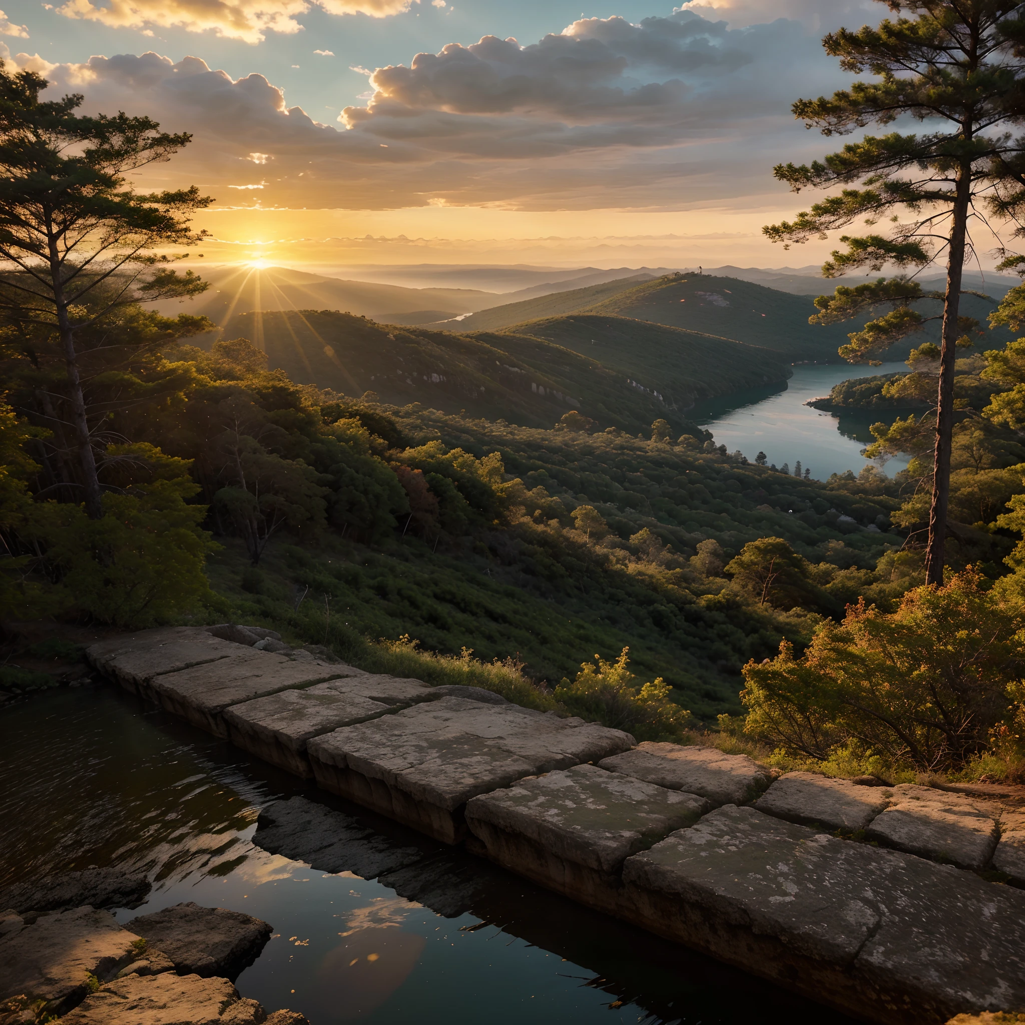Crie uma passagem deslumbrante do alto das montanhas arborizadas, With the sunset in the background and the sun's rays over the lake, Imagem altamente detalhada, Em 4k