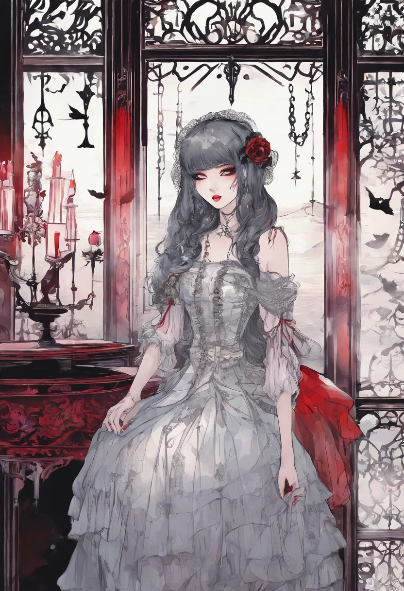 (watercolor style, spectral art) Little goth girl, mall goth, crustpunk, heavy makeup (black mascara and eyeliner and red lipstick), loli, lolita + majestic river overlooking the panorama + costume back (vista) + (flow + subtle reflection) + (blending + splashing) + (light and shadow clear + swaying dynamic)