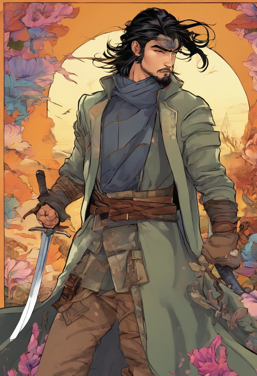 Young Man Ronin Black Hair Short Suit Sword Suit Armor Beard Pale Eye Patch
