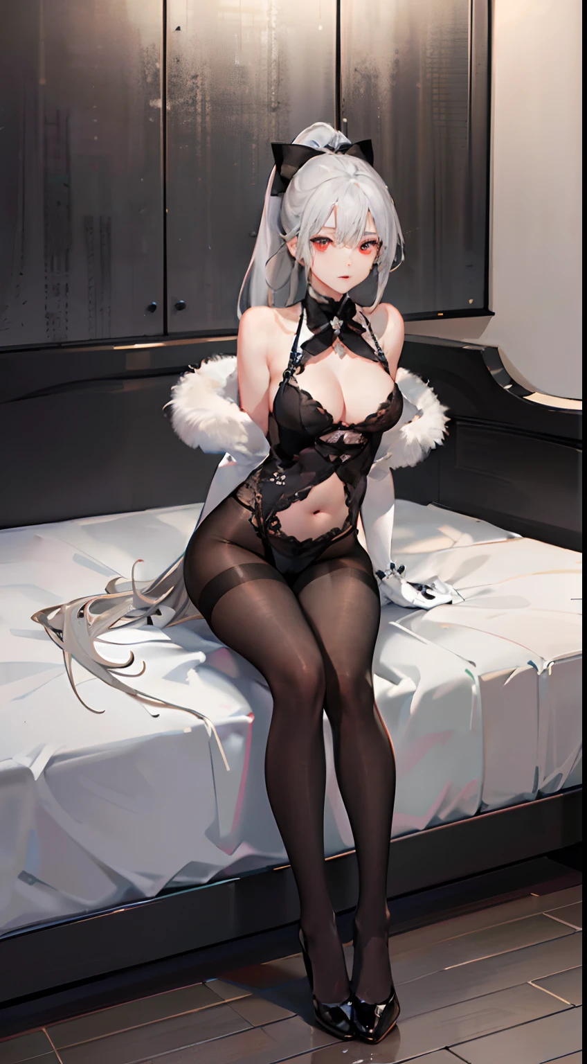 (1 girl), Ray tracing, (Dim lighting), (Detailed background (Bedroom)), ((Silver hair)), ((Silver hair)), (Fluffy silver hair, plump and slender girl) with high ponytail, Silver-red eyes, In the ominous bedroom, (highly details eye:1.3), (Girl wears intricately embroidered black high-waisted pants with pantyhose: 1.2), White ruffled bow gloves, (showing a delicate slim figure and graceful curves:1.2), Correct limbs, sitting with knees up, (8K, RAW photo, Best quality, Masterpiece:1.2), (Beautiful long legs:1.3)