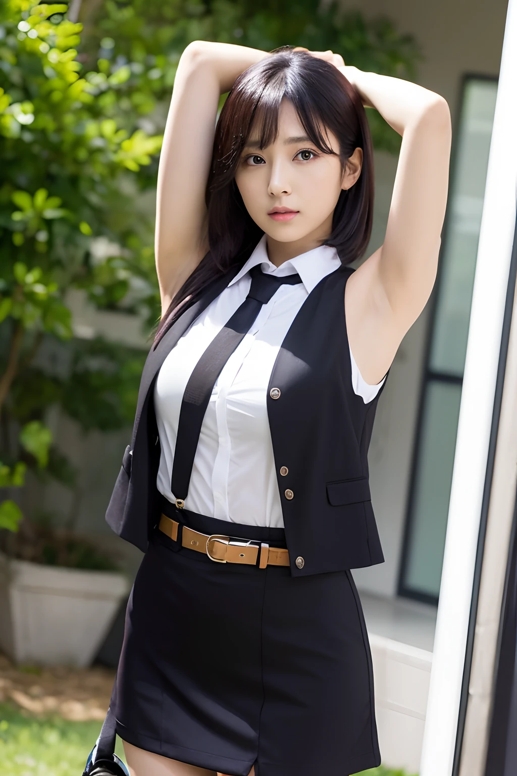 (masutepiece:1.2),High quality,vivd colour,flat-colors,Deep Depth Of Field,Lens Flare,1 girl,Black hair,eyecontact,Suit,Collared shirt,Belt bag,suspenders,Professional,Office Lady,Mature Women,Black mini skirt garterbelts knee high Stockings Black Niso Colorcon armpit sweat perspiring Side of both hands,Black jacket,Gaze,ample bosom,Armpit sweat,Exposing the armpits"Pichi Pichi clothes