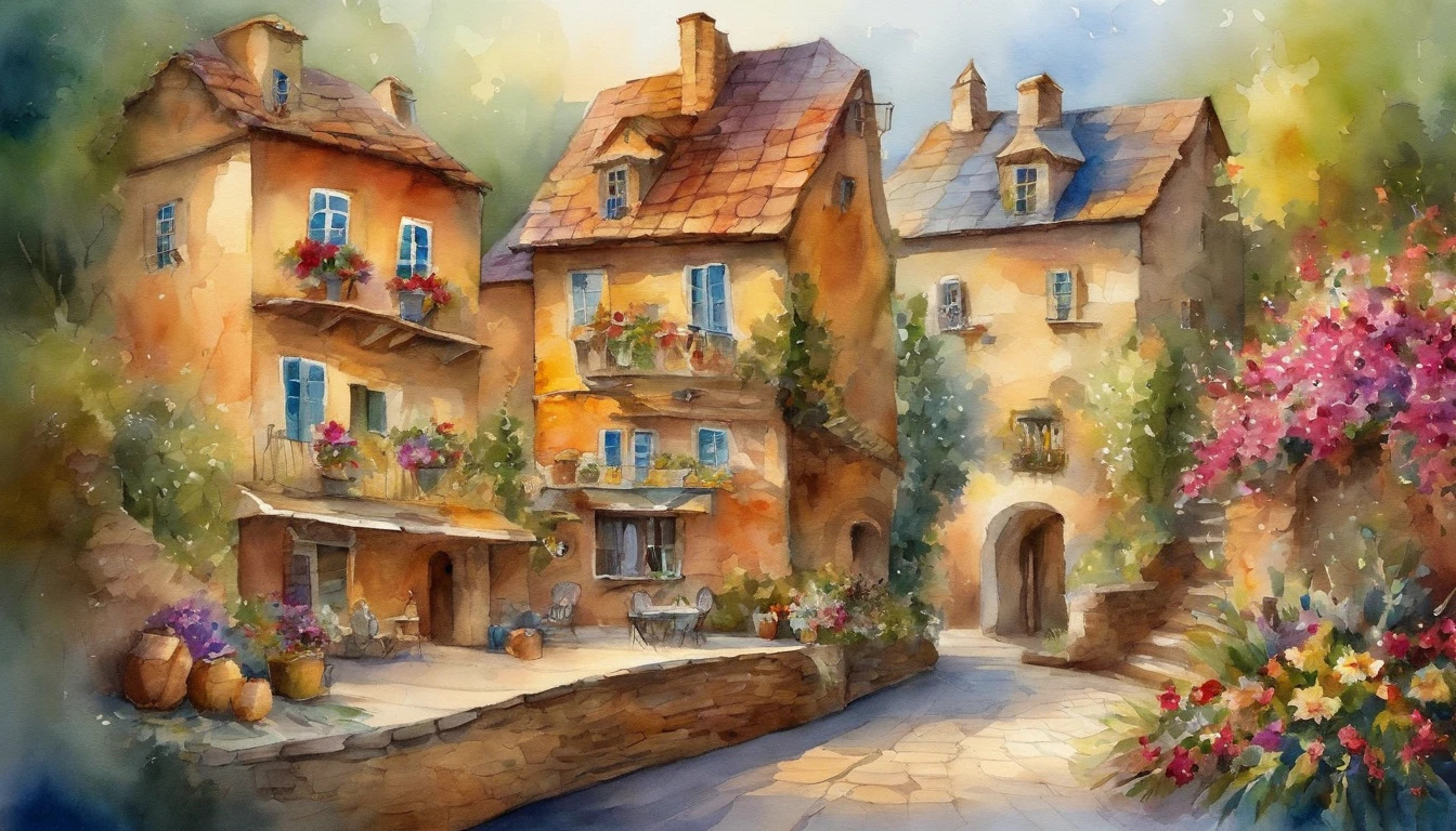 beautiful detailed architecture,festive atmosphere,colorful decorations,joyous celebrations,watercolor style,soft brushstrokes,vibrant colors,playful atmosphere,cozy and inviting,ethereal lighting.