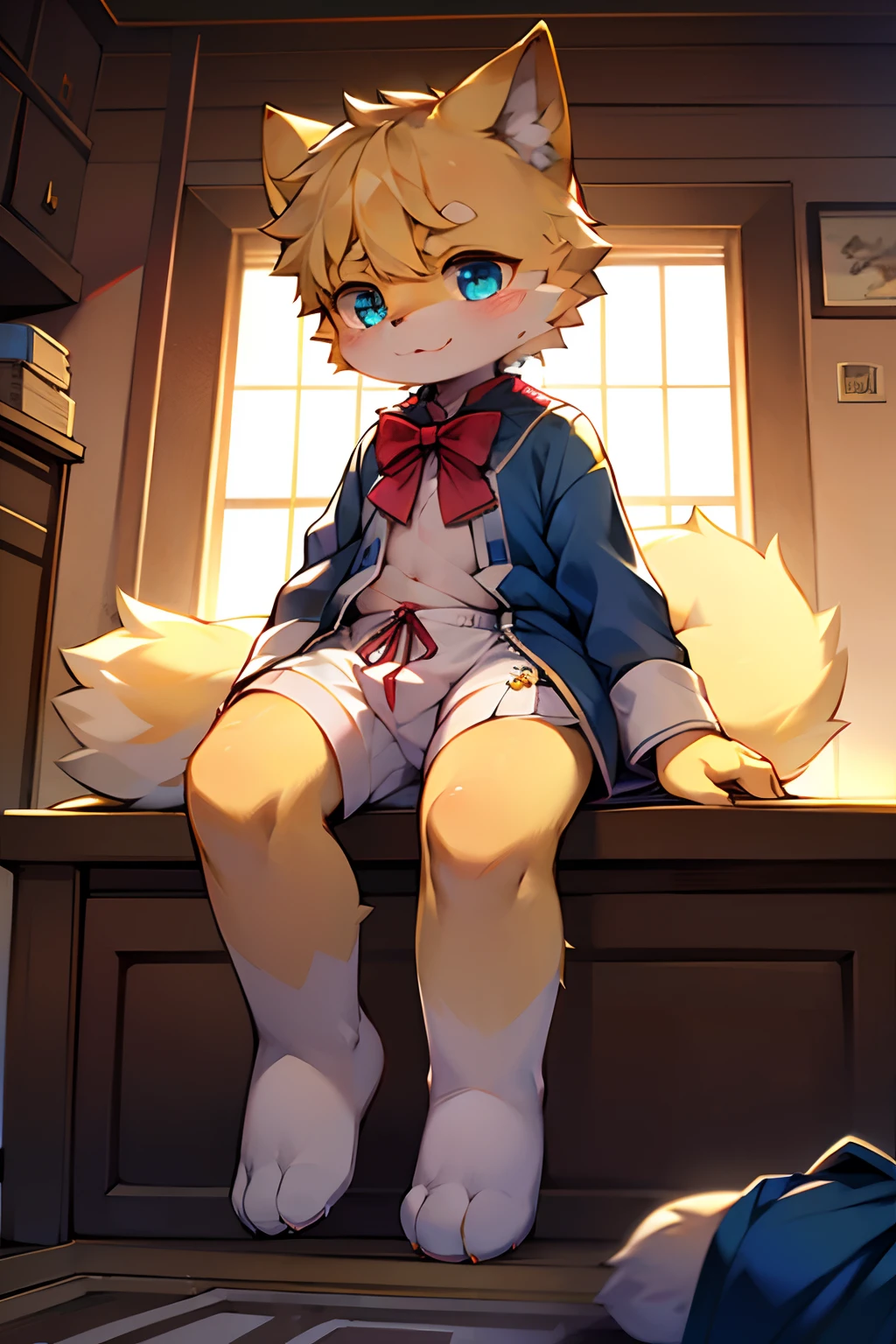 Blue pupils, Light yellow fluffy body, Light yellow furry tail, Boy cat，Exquisite wallpapers，Very cute，The popular style of the P station，One role solo，Light yellow cute fluffy little long legs，Shotai style，Blushlush，intricate detailed clothes，The intersection point is on the leg，At the bottom of the tail is written a bow