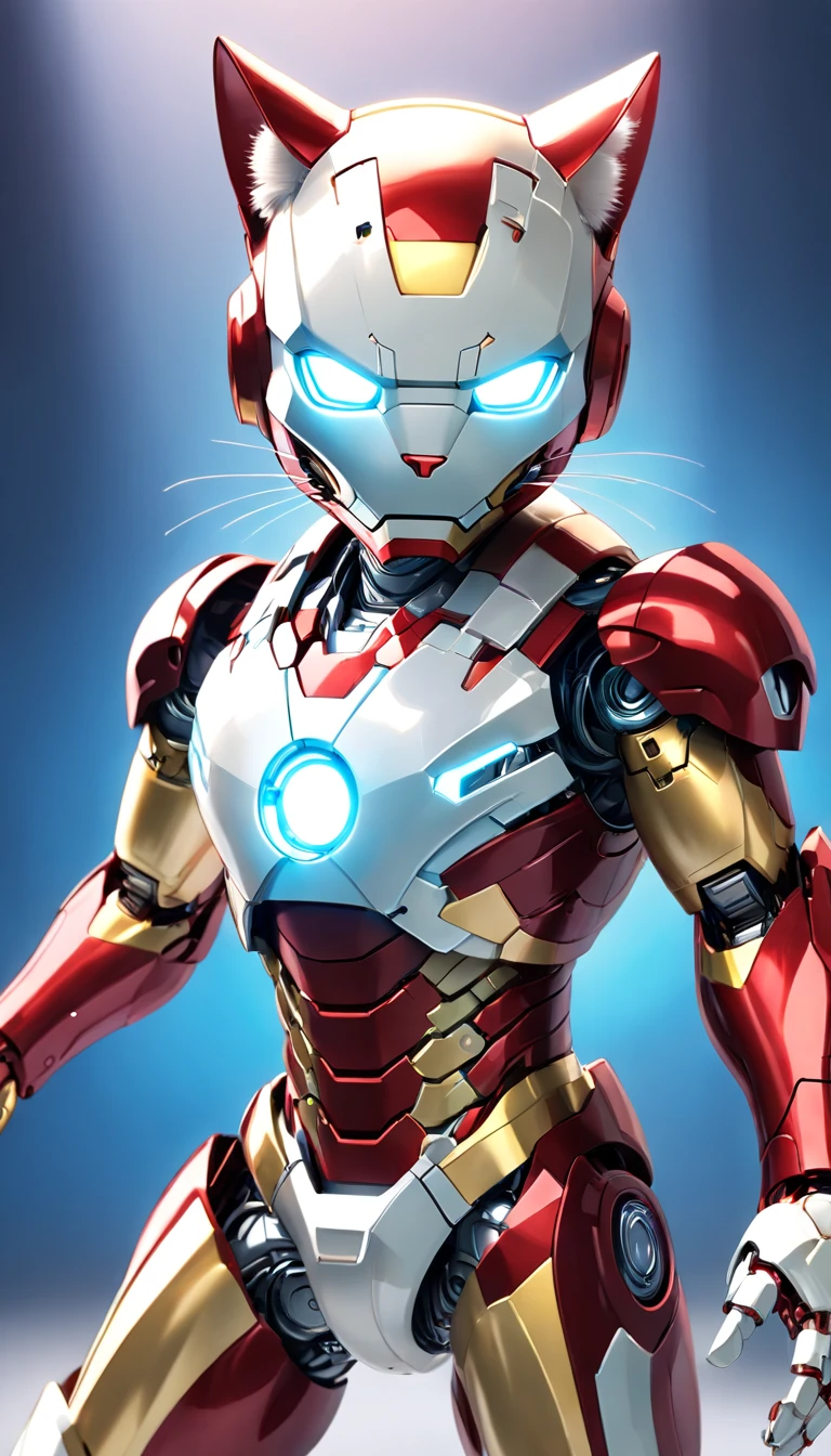 (robotic cat humanoid form inspired iron man, white color: 1.3), ((blind box toy style:1.3)), (full body shot), a cute transparent robot cat, Transparent Mech, Exquisite Helmet cat :1.2, Glasses:1.2, Cyberpunk, dreamy glow , bright neon lights, clean, white background, (global illumination, ray traching, HDR, unrealistic render, reasonable design, high detail, master part, best quality, hyper HD, cinematic lighting)