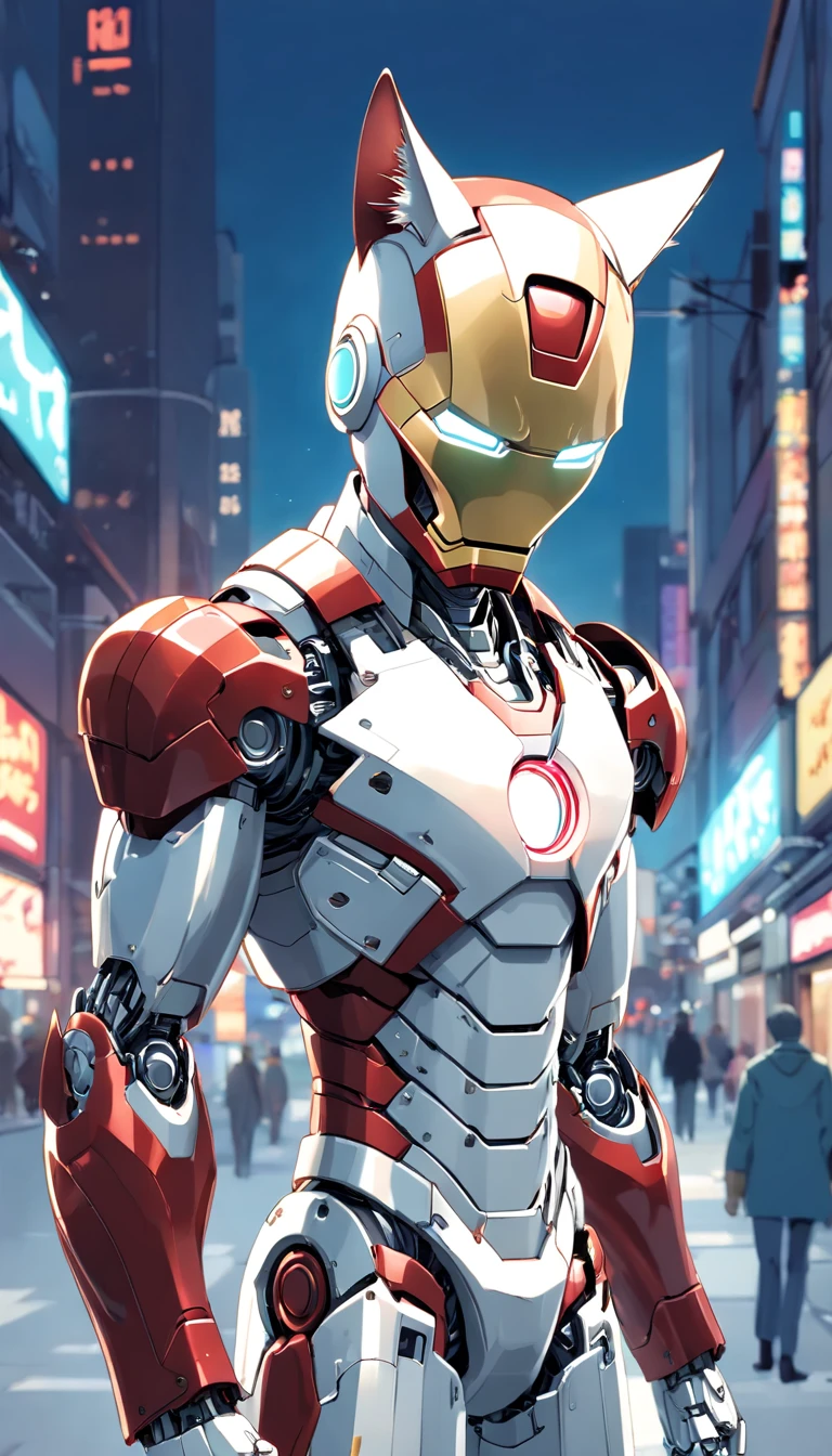 (robotic cat humanoid form inspired iron man, white color: 1.3), ((blind box toy style:1.3)), (full body shot), a cute transparent robot cat, Transparent Mech, Exquisite Helmet cat :1.2, Glasses:1.2, Cyberpunk, dreamy glow , bright neon lights, clean, white background, (global illumination, ray traching, HDR, unrealistic render, reasonable design, high detail, master part, best quality, hyper HD, cinematic lighting)