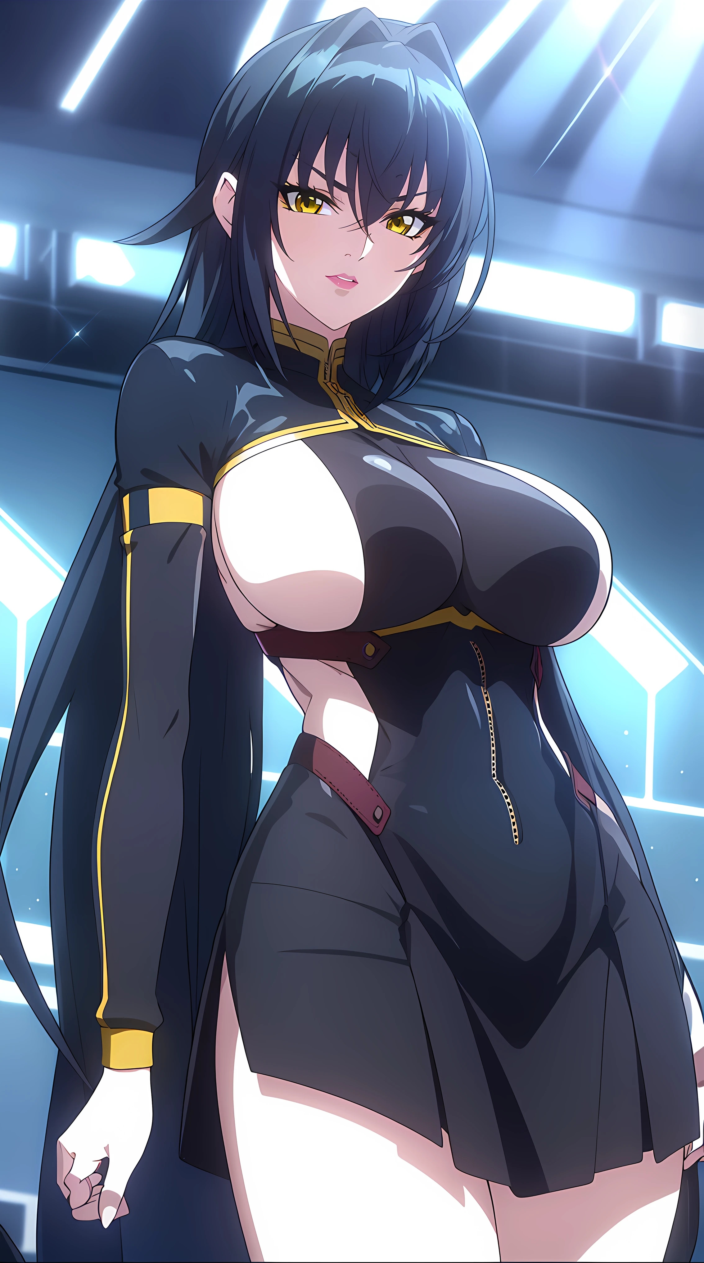 professional artwork, Intricate Details, field of view, sharp focus, detailed painting, photorealistic lighting, trending on pixiv, (masterpiece:1.0),(best_quality:1.0), ultra high res,4K,ultra-detailed, photography, 8K, HDR, highres, absurdres:1.2, Kodak portra 400, film grain, blurry background, bokeh:1.2, lens flare, (vibrant_color:1.2),
(Annerose:1), 1girl, female mature, black hair, long hair, yellow eyes, large breasts, bodysuit, higheels, shiny clothes, skin tight, hair intakes, covered breasts, sideboob,
simple background, (solo:1.5), (cowboy shot:1.3),