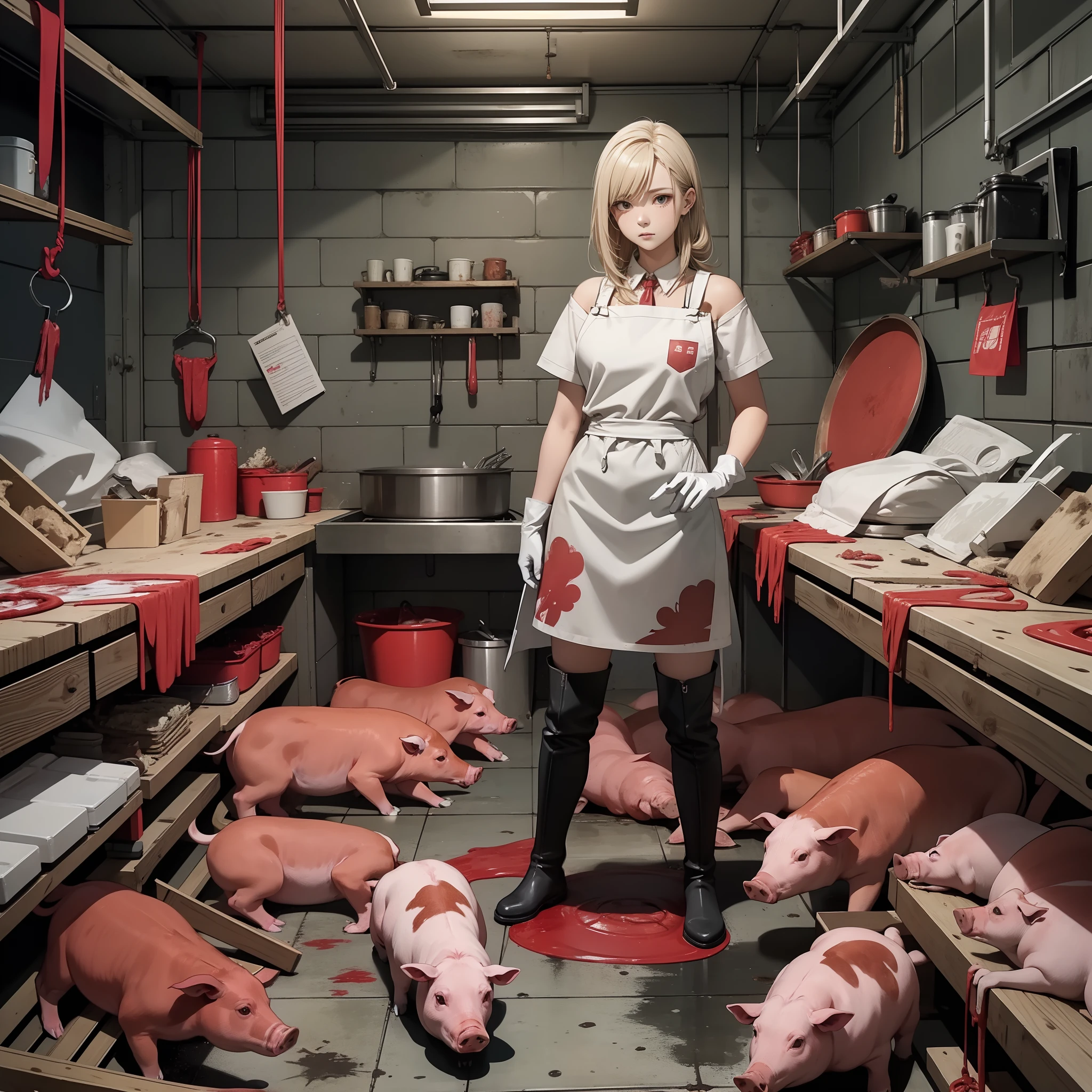Livestock killing site,red fluid,Dissected pigs,Pig hanging on a hook,a large amount of internal organs scattered on the floor,,,,,,,,,,,,,,,,,,,,,,,,,,,,,,,,,,Beautiful blonde girl dissecting,Wear shoulder-length rubber gloves,、Girl turning her paw to the pig, Rubber Apron,Dirty rubber boots,White knee-length rubber boots,Stand and look down, Large dissection knife,Drawing from below,Stand and look down, Full body view from below,Troublesome look,