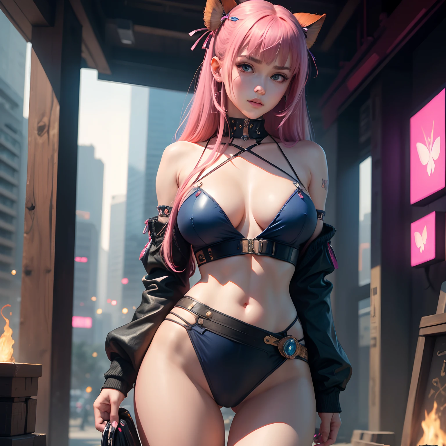 8k, masterpiece, best quality, realistic, higly detailed, cowboy shot, 1girl, solo, Nino, cute, cold-looking girl, waist-length straight hair, square bangs hanging over eyebrows, reddish-pink hair, twin butterfly-shaped ribbons on both sides of head, dark blue eyes, average height, well-endowed figure, large breasts, fashionable girl, various cute accessories, takes care of nails, Cyberpunk