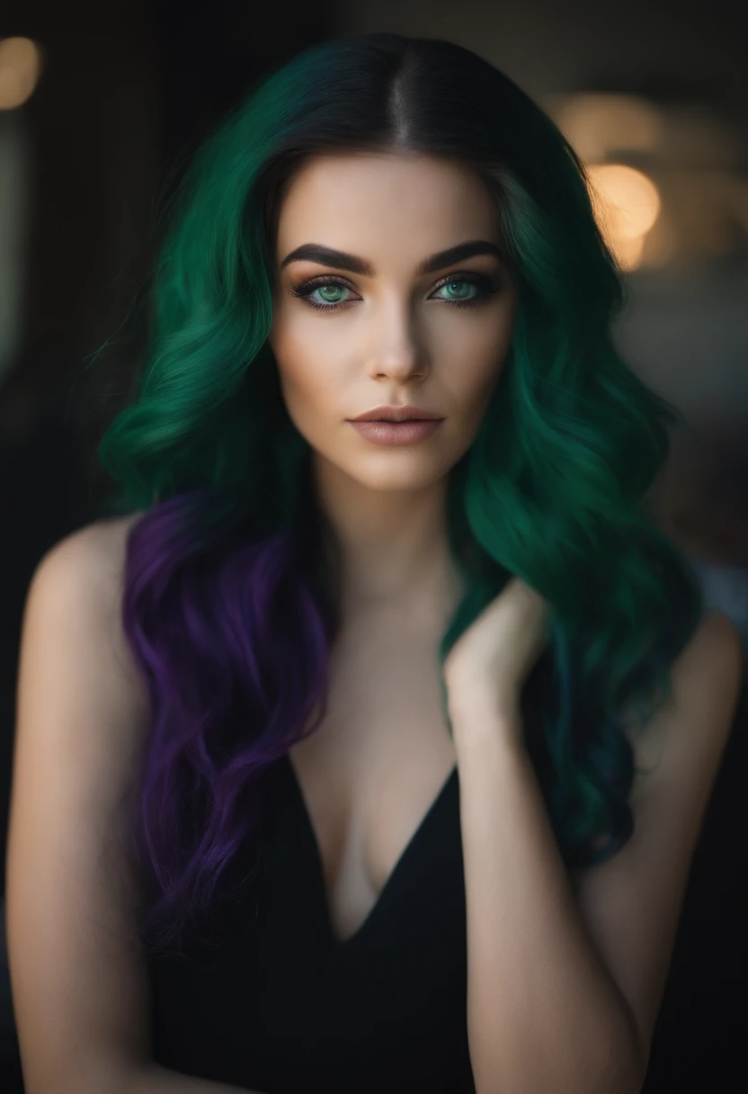 a woman with green hair and black dress posing for a picture, charli bowater, kailee mandel, 19-year-old girl, oil slick hair, oil slick, arian mark, lorde, inspired by Glòria Muñoz, violet myers, green and black hair, raven hair, oil slick multicolored hair, lily frank