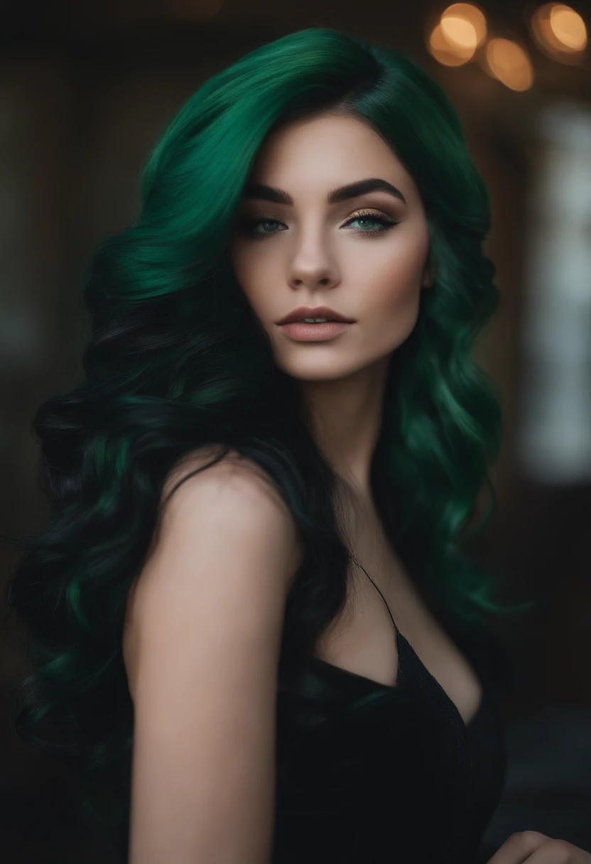 green long hair,kblack eyes,black dress