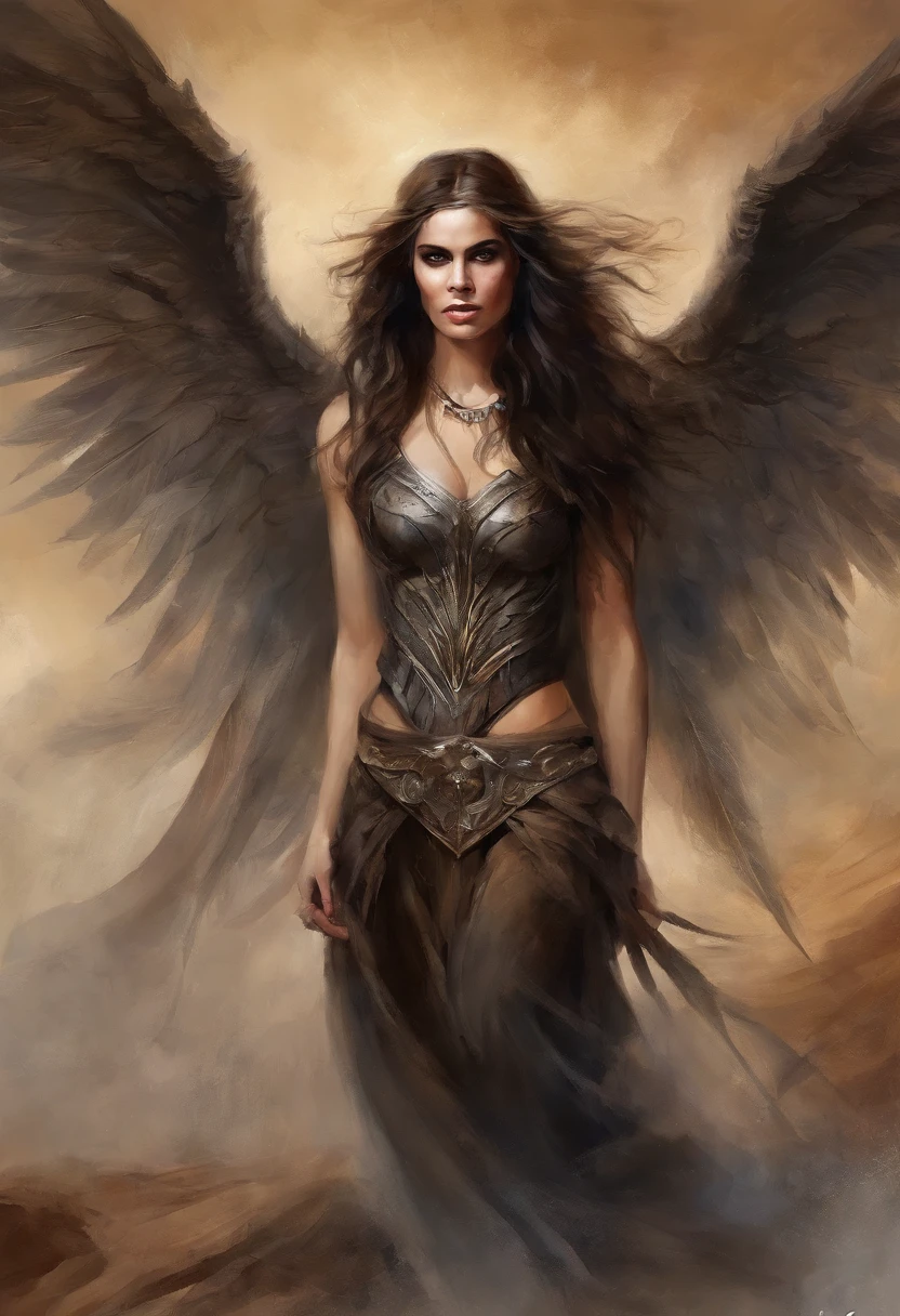Arad woman with wings in desert landscape with sky background, portrait of the angel of death, villainess has black angel wings, Dark Angel, gothic fantasy art, goddess of anger, angel of death, dark fantasy art, angel in hell, abaddon and magali villeneuve, female lord of change, portrait of the angel of death